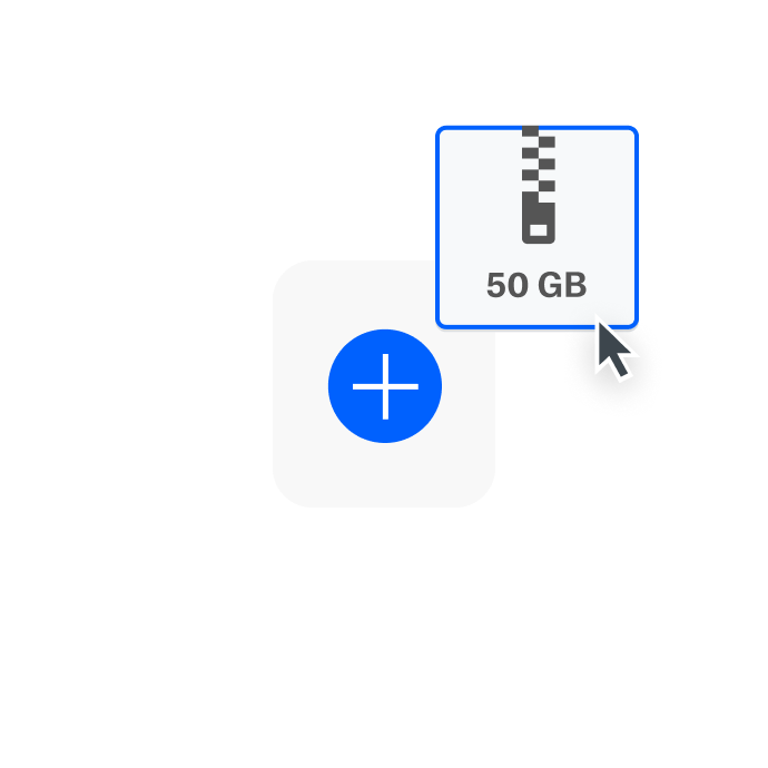 Użytkownik załącza plik o rozmiarze 50 GB, który ma zostać wysłany za pomocą usługi Dropbox Transfer.