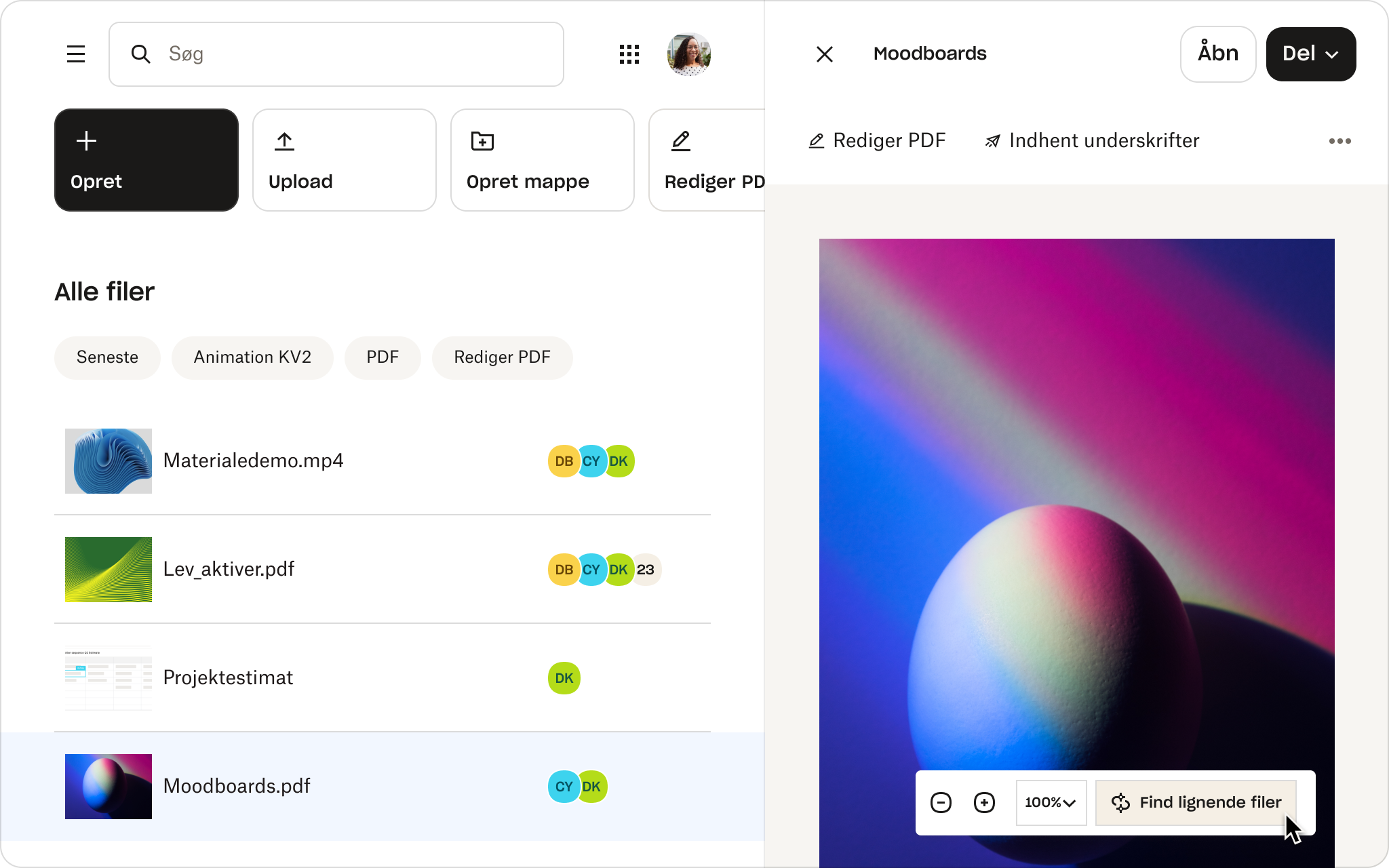 Forhåndsvisning af en fil kaldet "Mood boards"" i Dropbox, der viser funktioner som "Rediger PDF", "Hent signaturer" og "Find tilsvarende filer".