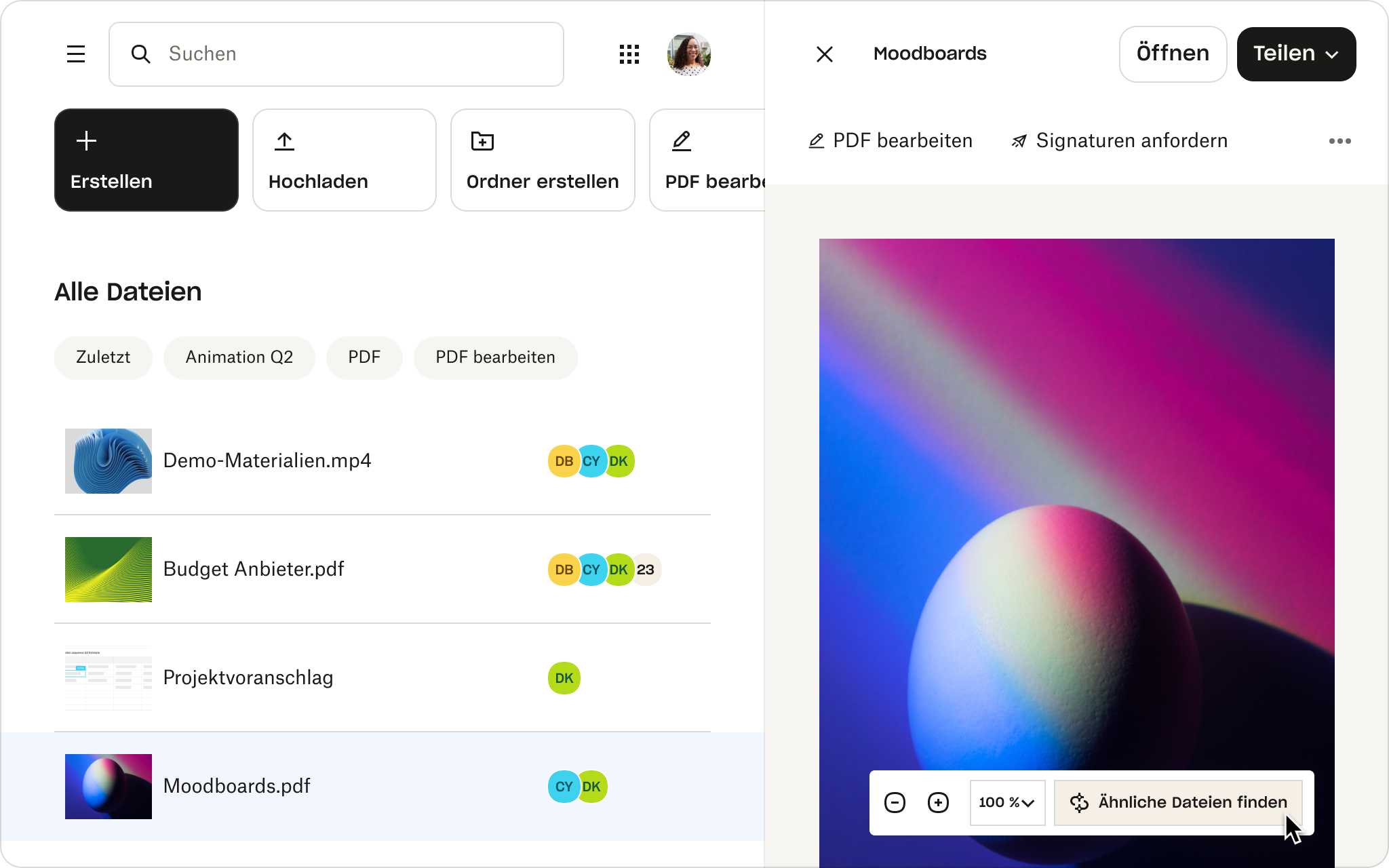 Die Dateivorschau einer Datei mit dem Namen „Moodboards“ in Dropbox mit Features wie „PDF bearbeiten“, „Signaturen abrufen“ und „Ähnliche Dateien finden“