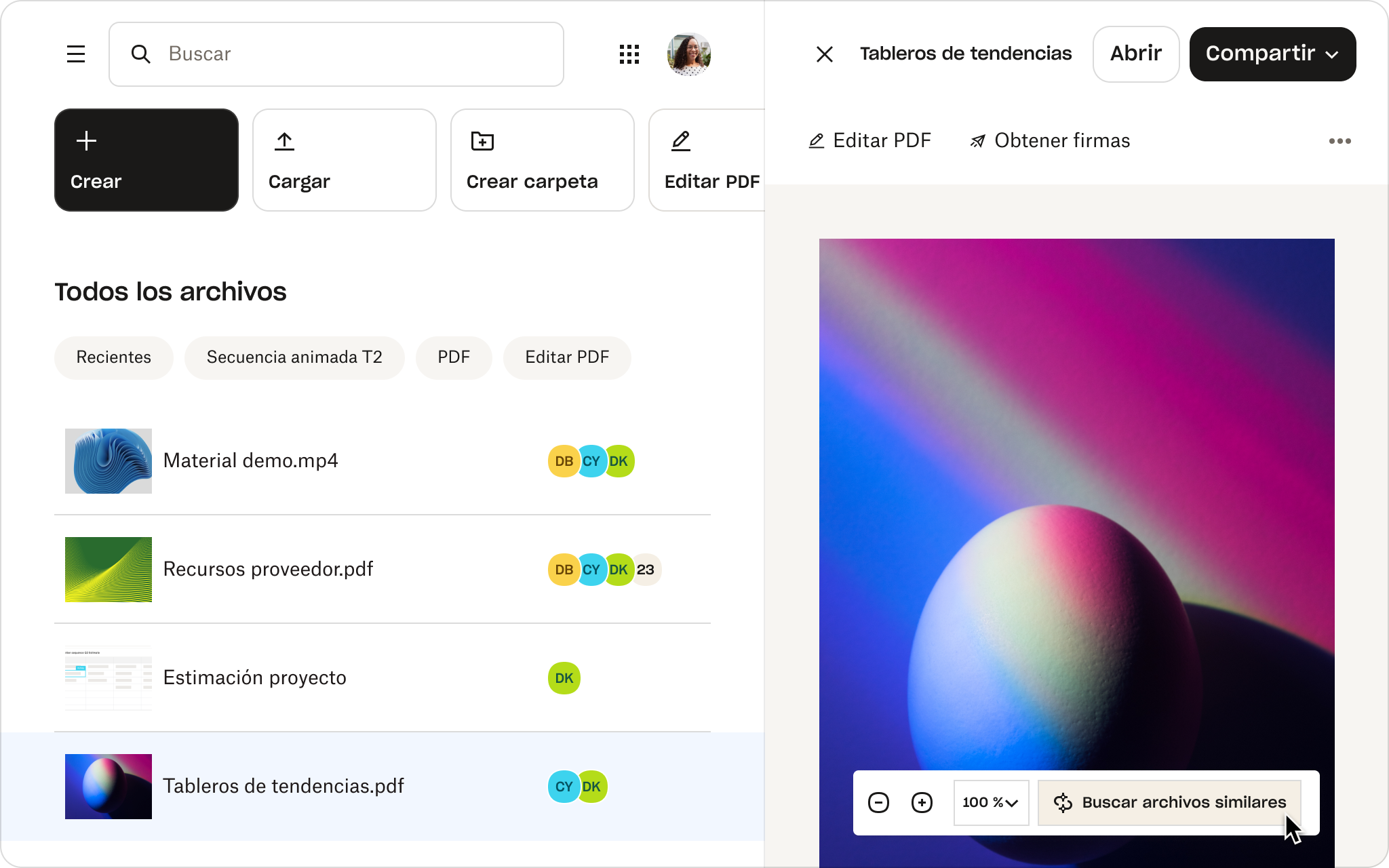 Vista previa de un archivo llamado “Pizarra de ideas” en Dropbox, que muestra características como “Editar PDF”, “Obtener firmas” y “Buscar archivos similares”.