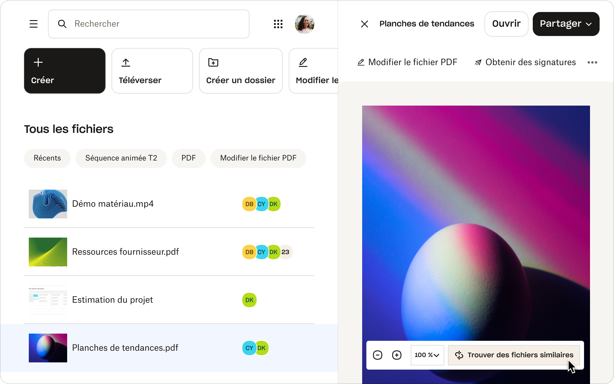 L'aperçu d'un fichier appelé «Mood boards» dans Dropbox, affichant des fonctionnalités telles que «Modifier un PDF», «Obtenir des signatures» et «Rechercher un fichier similaire».