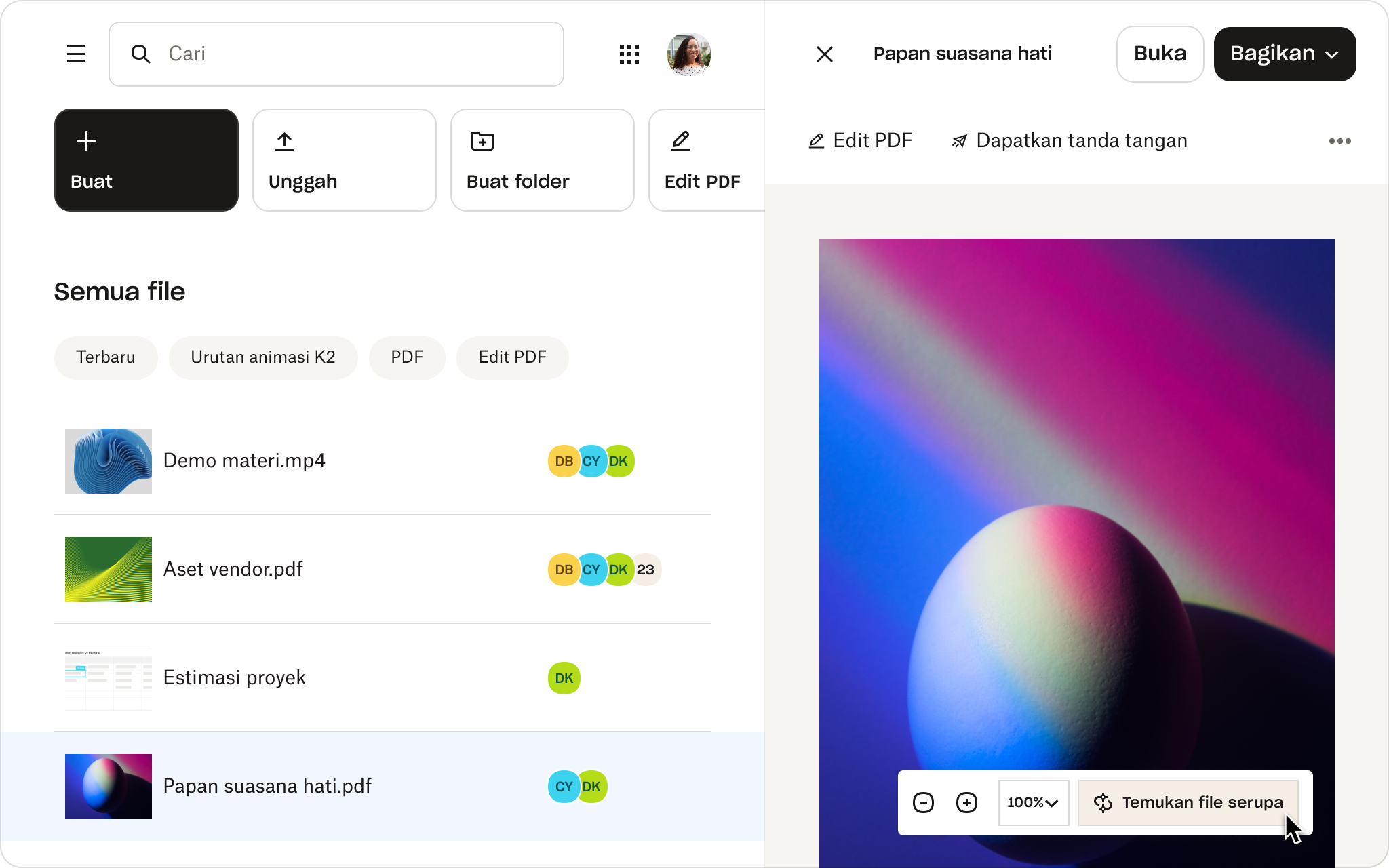 Pratinjau dari file yang disebut “Mood boards” di Dropbox yang menampilkan fitur seperti “Edit PDF”, “Dapatkan tanda tangan”, dan “Temukan file serupa”.