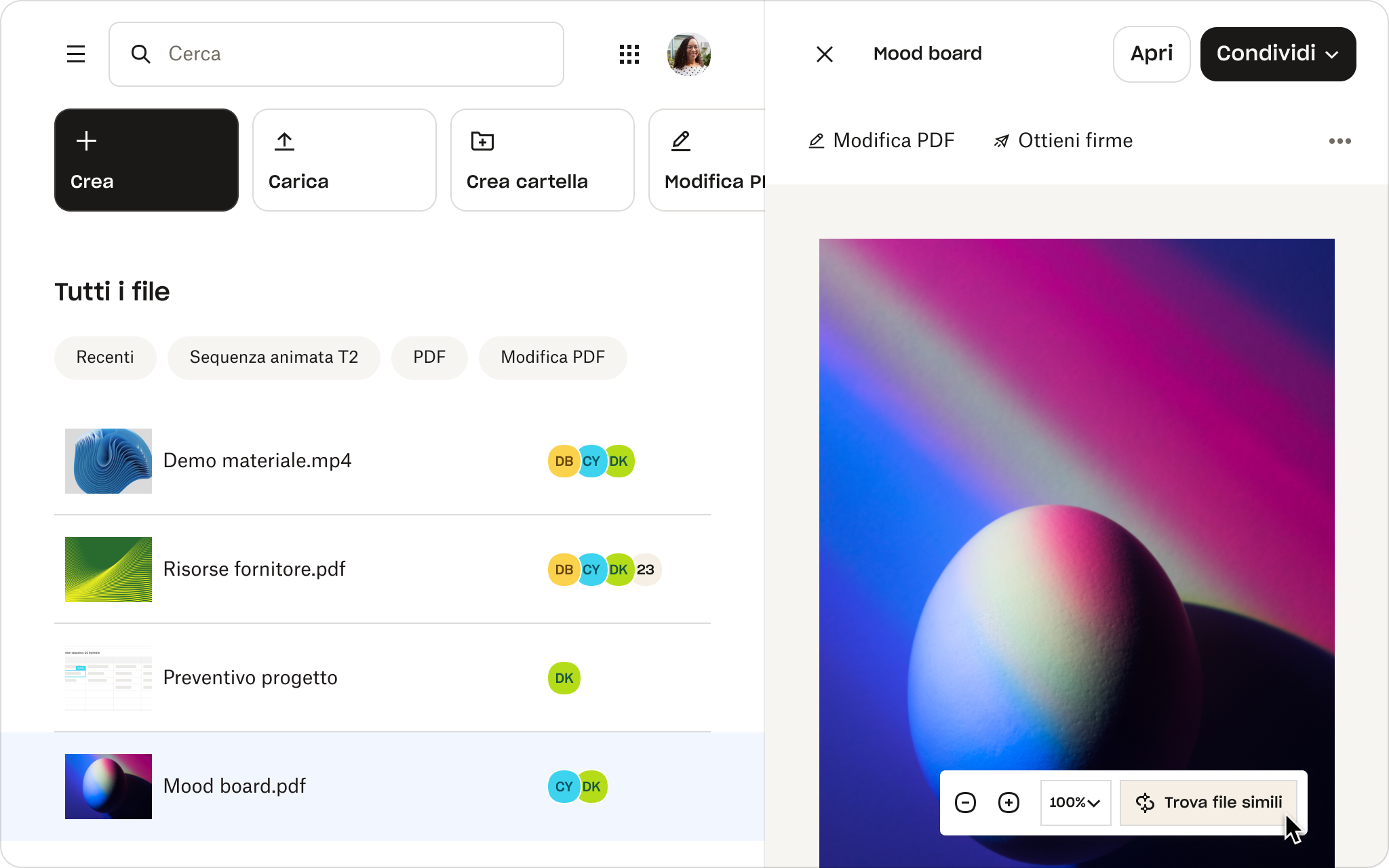 L'anteprima di un file denominato "Mood board" in Dropbox, che mostra funzionalità quali "Modifica PDF", "Ottieni firme" e "Trova file simili".