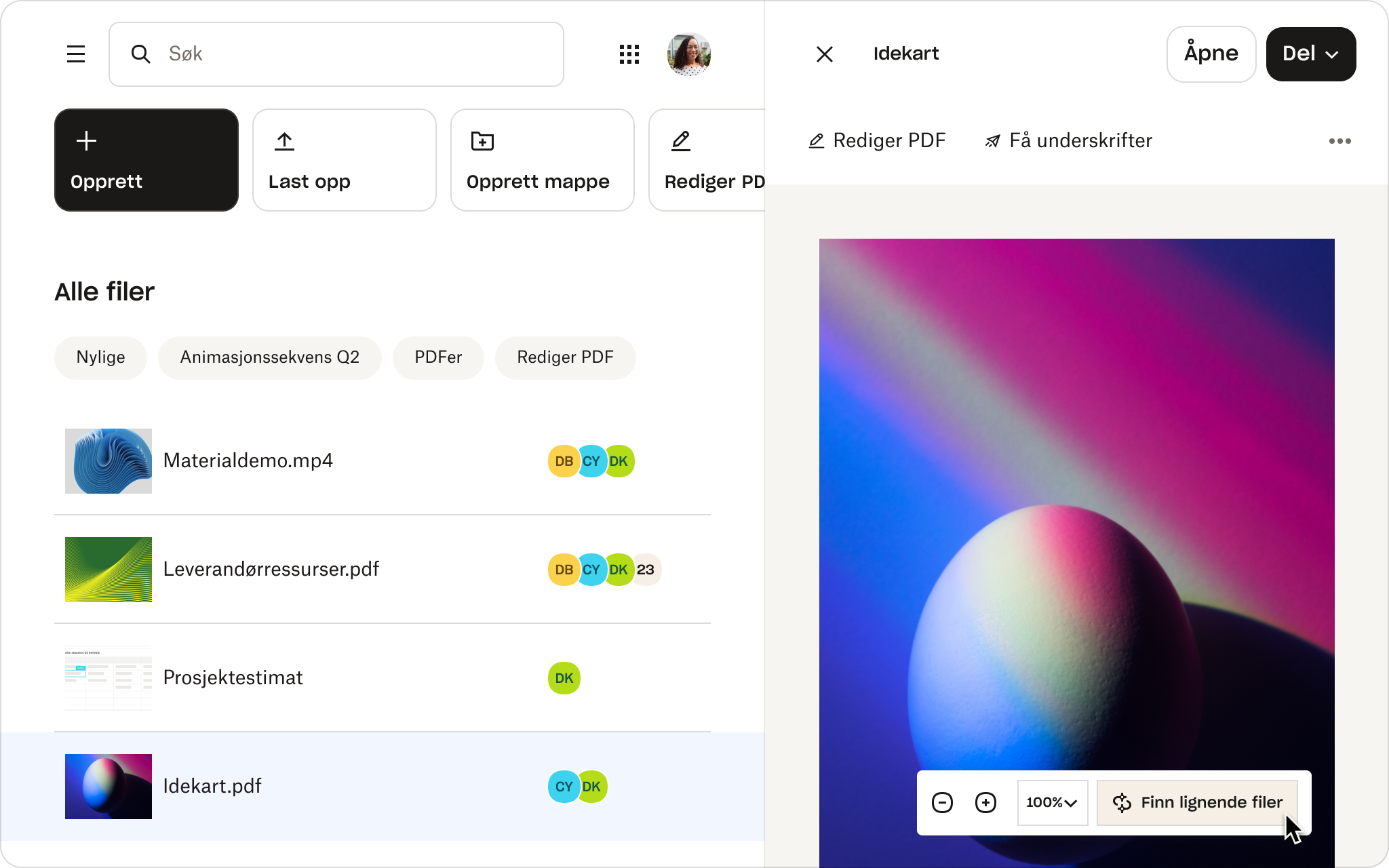 Forhåndsvisningen av en fil kalt «Mood boards» i Dropbox, viser funksjoner som «Rediger PDF», «Få signaturer» og «Finn lignende filer».