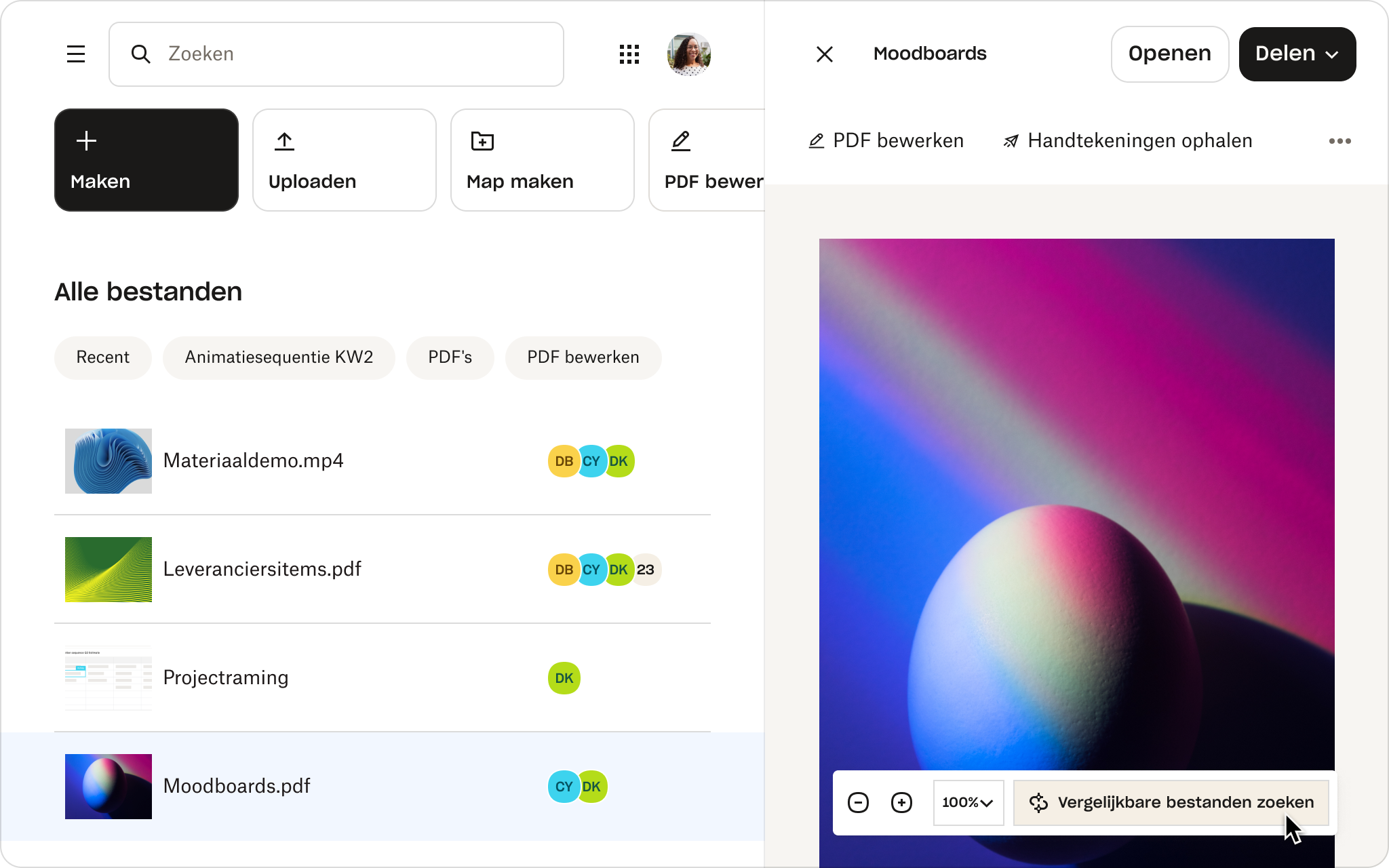 De voorbeeldweergave van een bestand met de naam 'Mood Boards' in Dropbox, dat functies laat zien zoals 'Pfd bewerken', 'Om handtekeningen vragen' en 'Naar soortgelijke bestanden zoeken'.