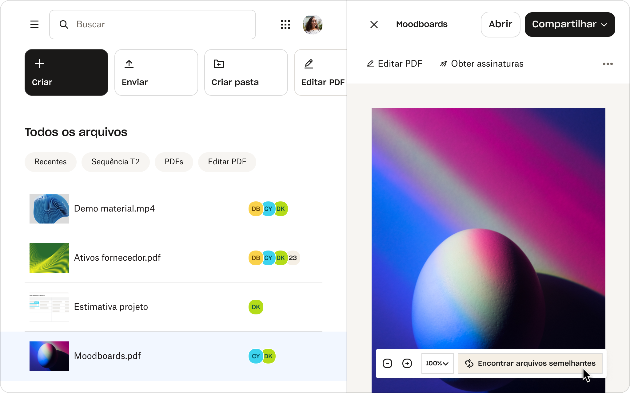 A visualização prévia de um arquivo chamado “Quadros de humor” no Dropbox mostra recursos como “Editar PDF”, “Obter assinaturas” e “Encontrar arquivos semelhantes”.