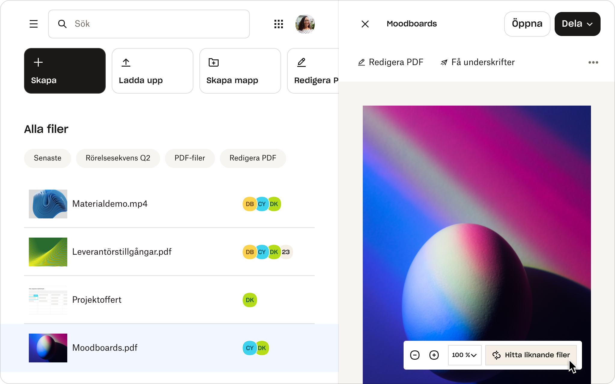 Filförhandsvisning av en fil som heter ”Moodboards” i Dropbox visar funktioner som ”Redigera PDF”, ”Få underskrifter” och ”Hitta liknande filer”.