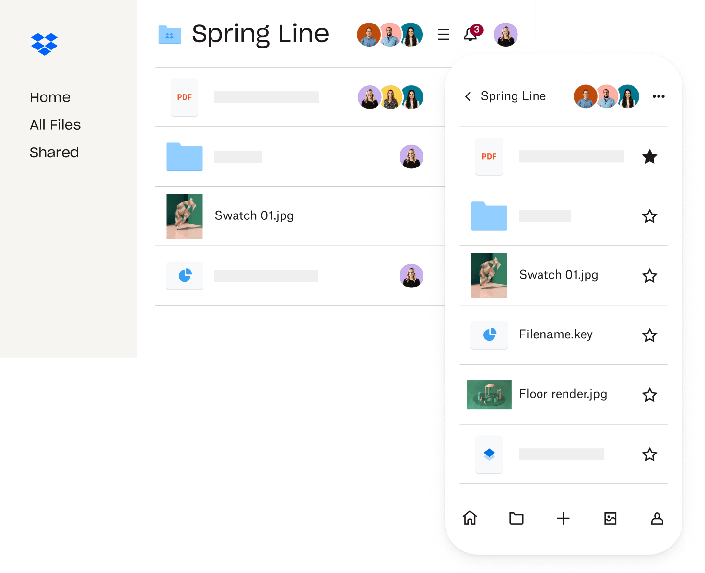 The Dropbox interface with lists of files and folders, as seen on a desktop and a mobile phone