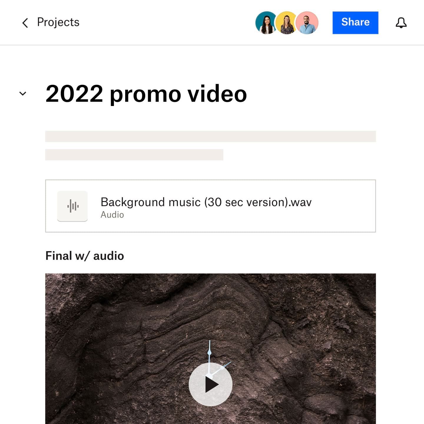 Document Dropbox Paper portant le titre “Vidéo promotionnelle 2022”, montrant un lien vers le fichier audio utilisé dans la vidéo et une capture d'écran partielle de la vidéo terminée