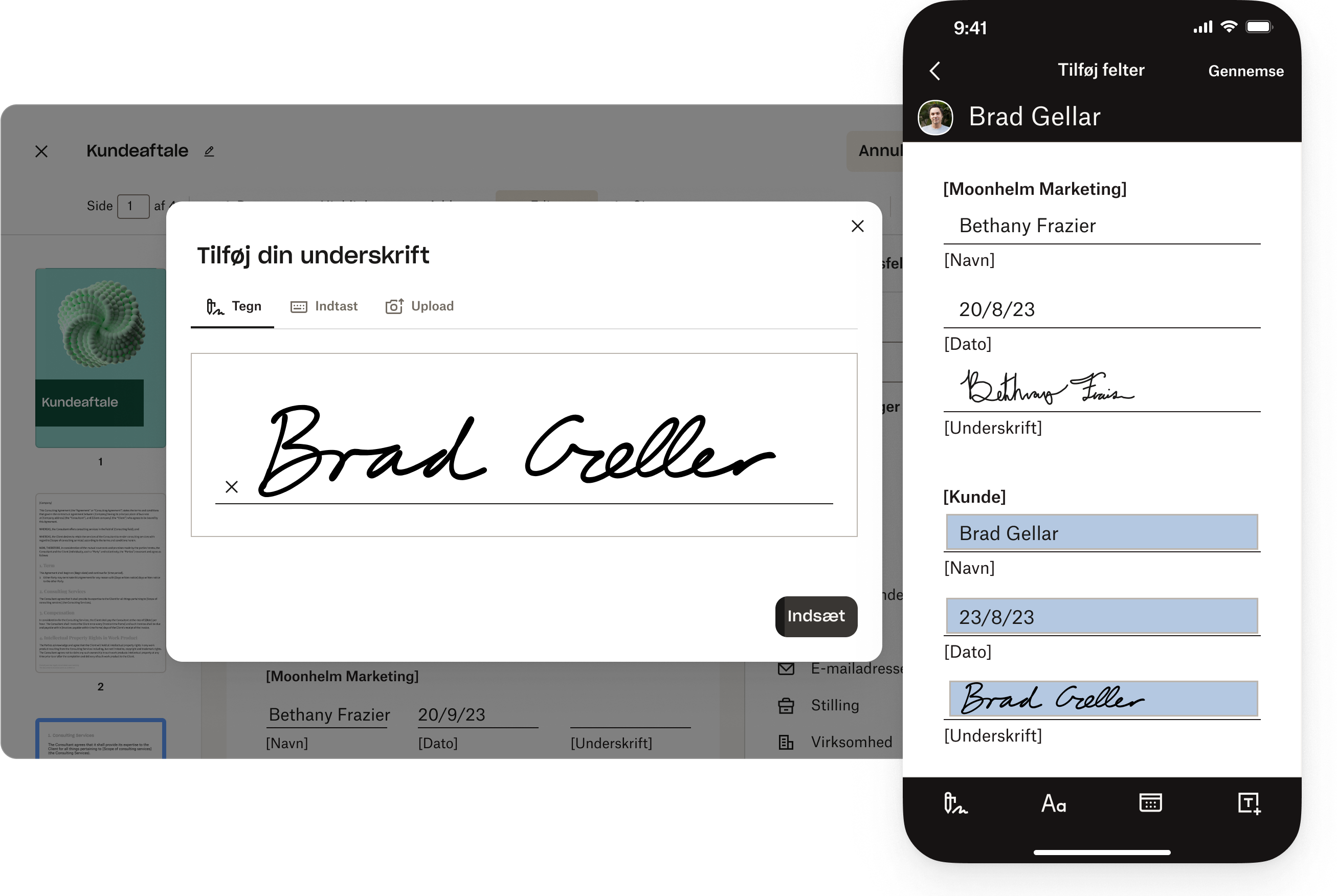 Der tilføjes en underskrift til felter på interaktive formularer i en PDF på en mobilenhed.