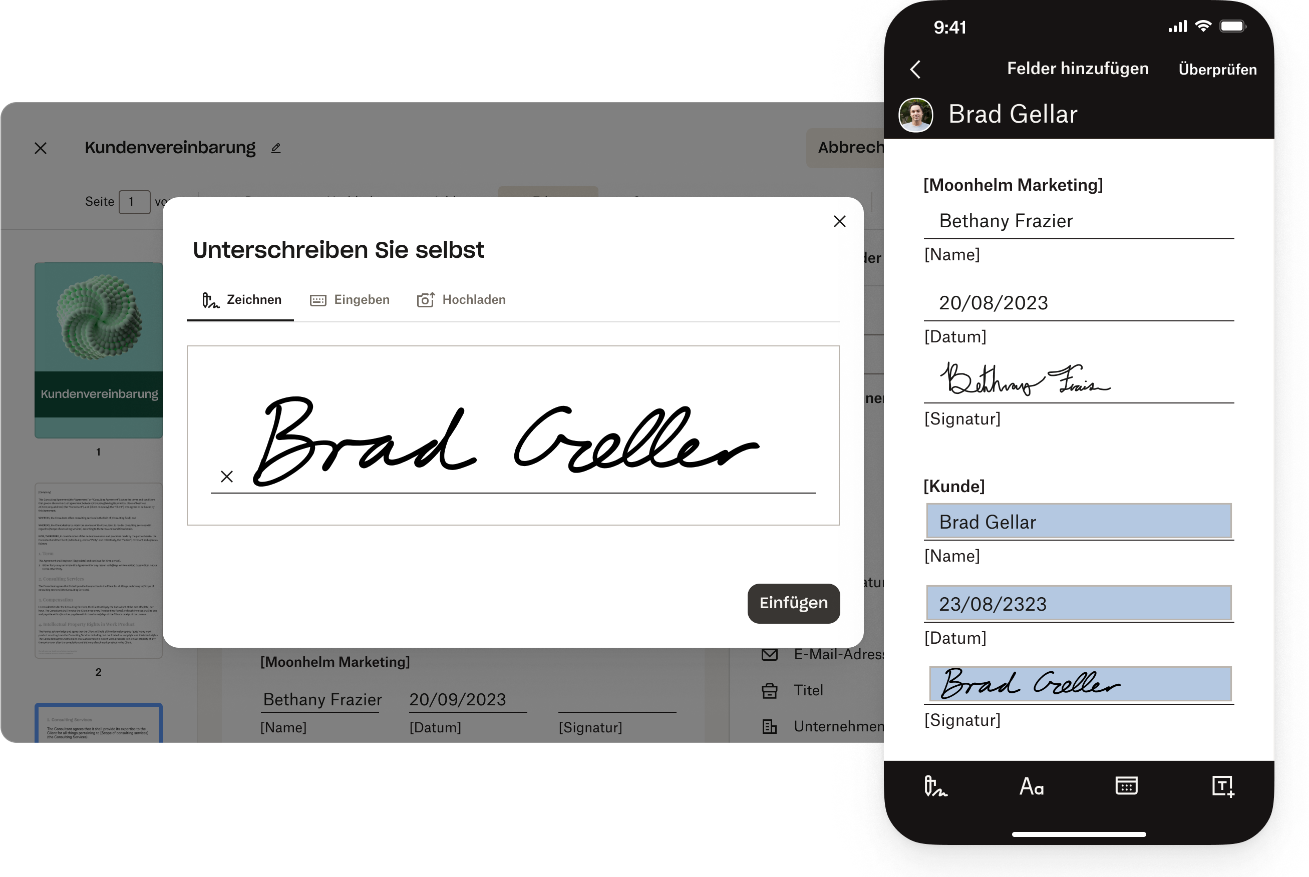 Auf einem Mobilgerät wird eine Signatur zu interaktiven Formularfeldern in einer PDF-Datei hinzugefügt.