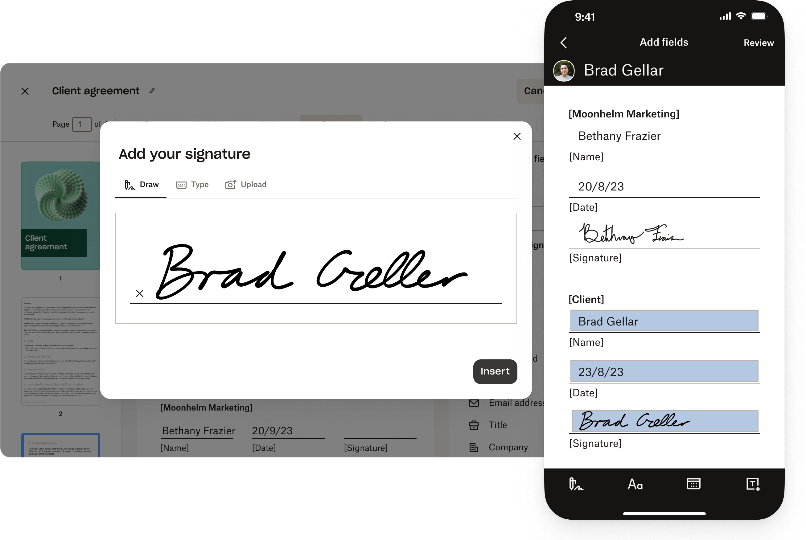 A signature being added to interactive form fields in a PDF on a mobile device.