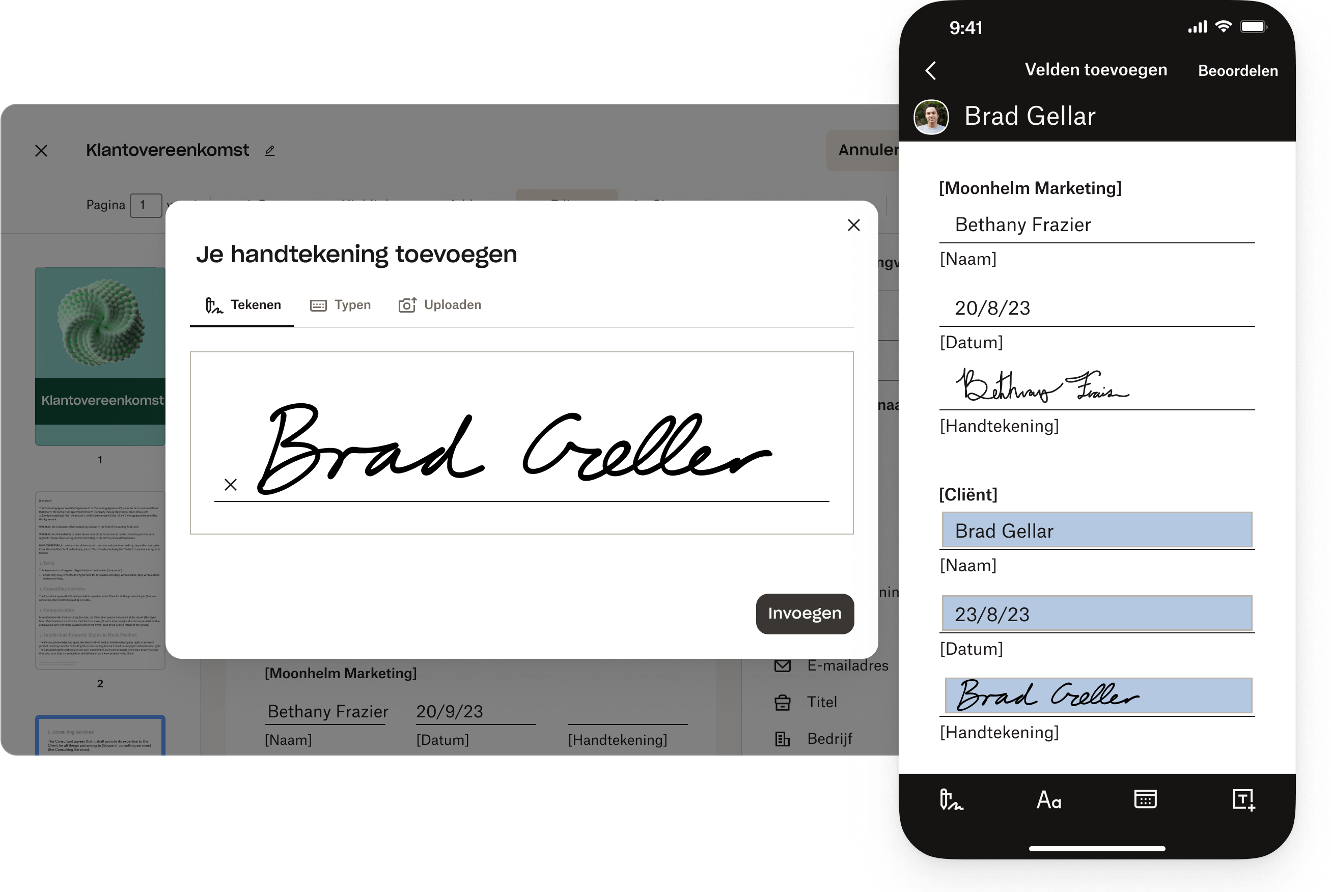 Een handtekening die aan interactieve formuliervelden in een pdf wordt toegevoegd op een mobiel apparaat.