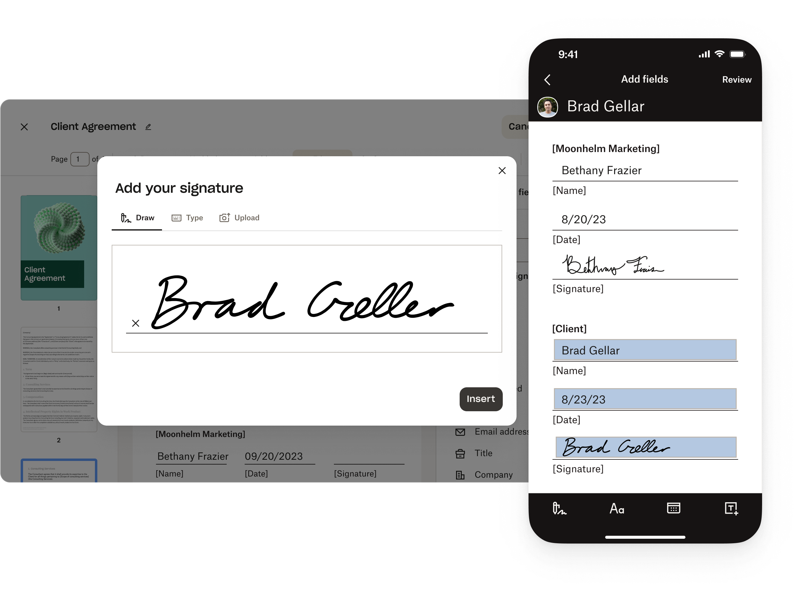 A signature being added to interactive form fields in a PDF on a mobile device.