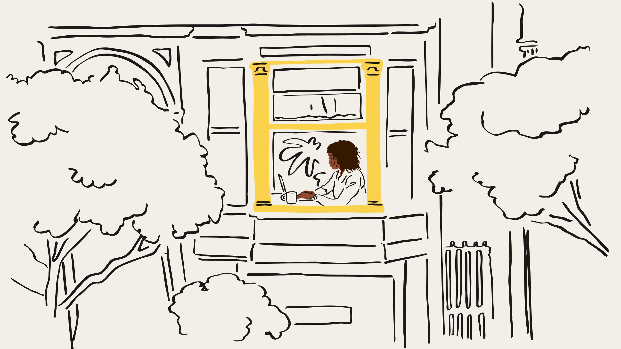 An illustration showing a person sitting in the window of an apartment building, looking at their laptop