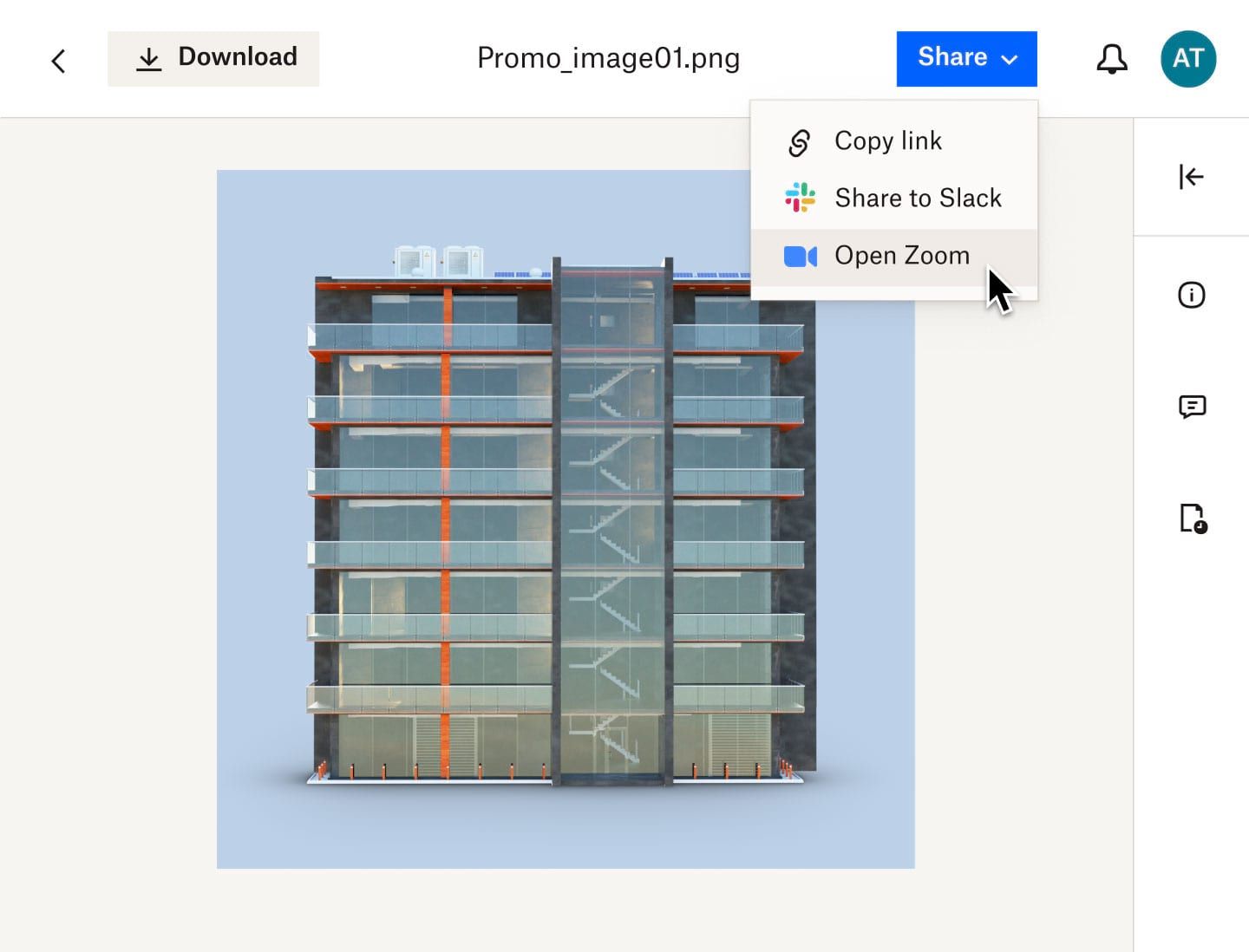 En bruger, der klikker på en rullemenu for at dele en gengivelse af tværsnittet af en bygning på Zoom