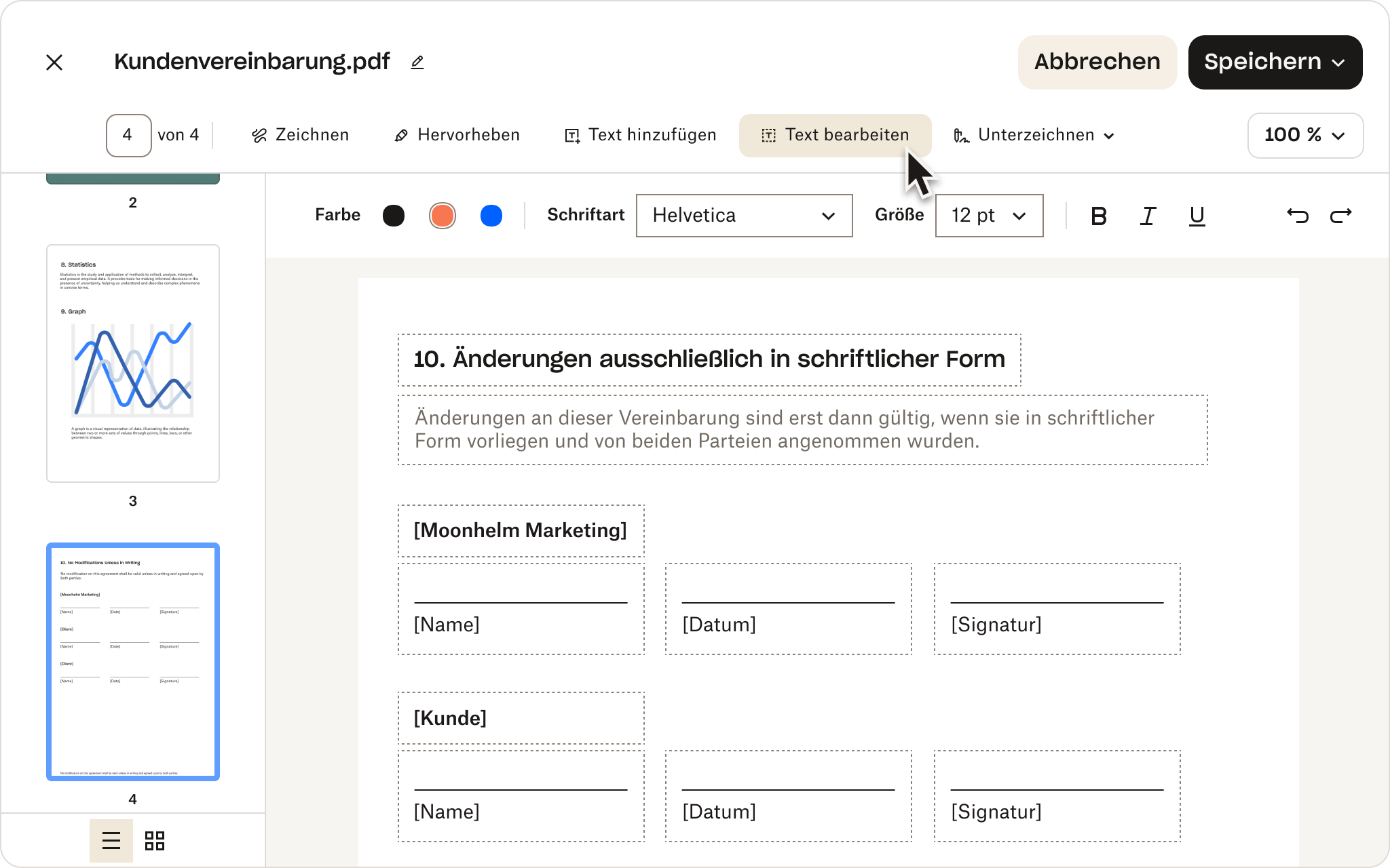 Eine PDF-Datei namens „Client Agreement“ wird in Dropbox bearbeitet. 