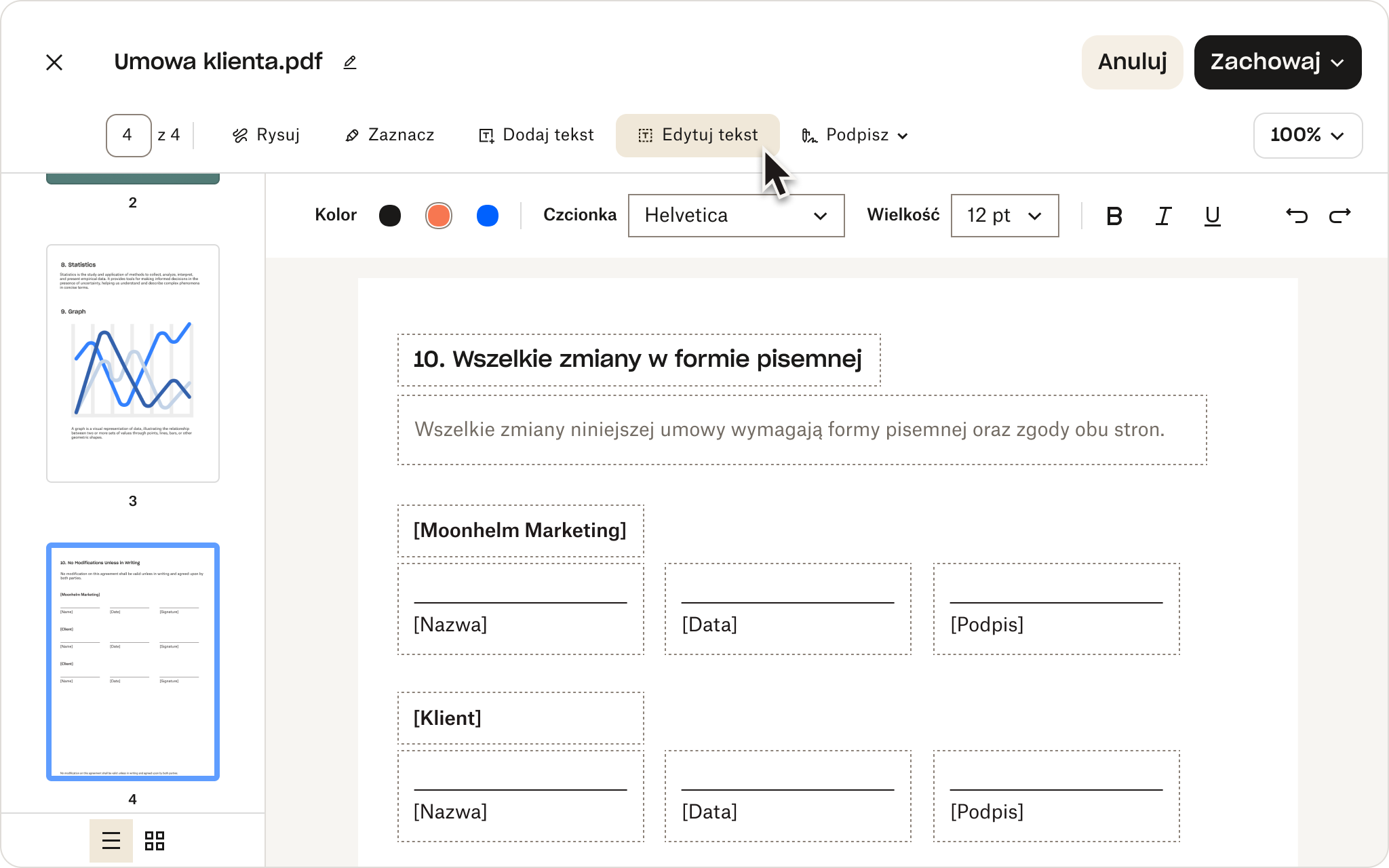 Edytowanie pliku PDF o nazwie „Umowa z klientem” w Dropbox. 