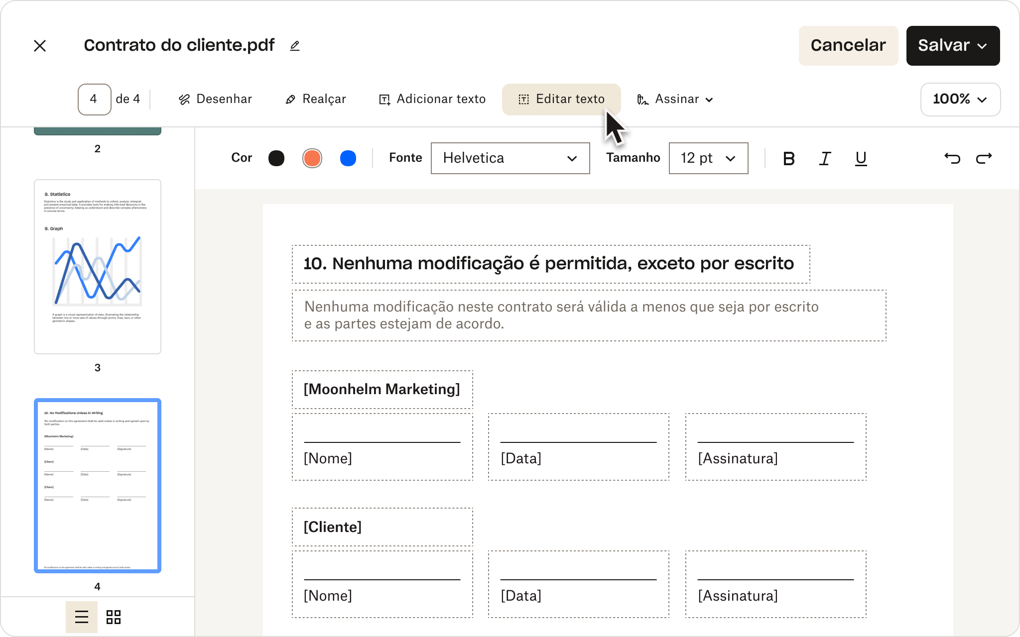 Um PDF chamado “Contrato do cliente” sendo editado no Dropbox. 