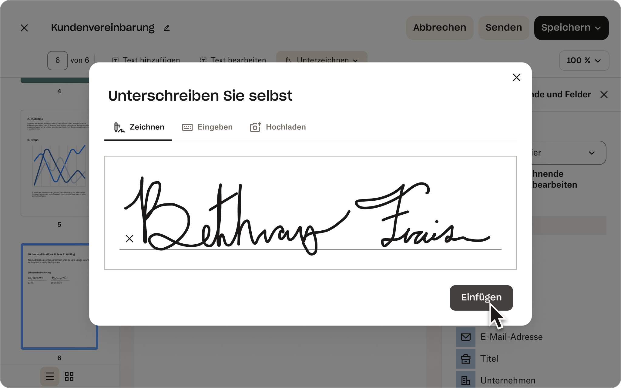 Ein Screenshot der Benutzeroberfläche von Sign, der zeigt, wie jemand eine Kundenvereinbarung mit einer E-Signatur unterzeichnet