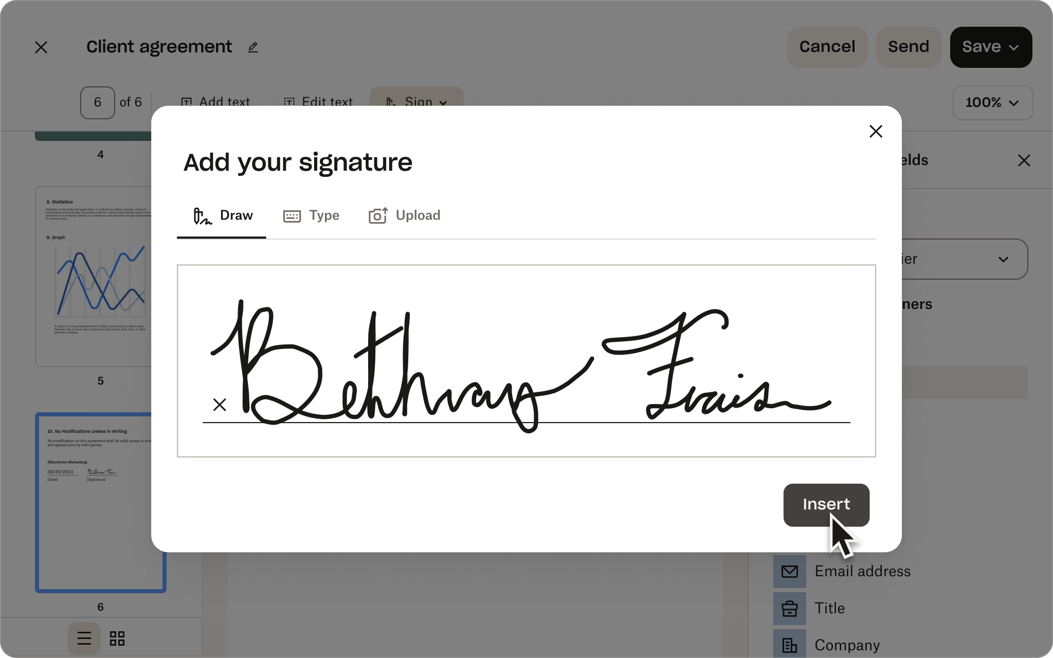 A screenshot of the user interface of Sign showing a person adding an eSignature to a client agreement.