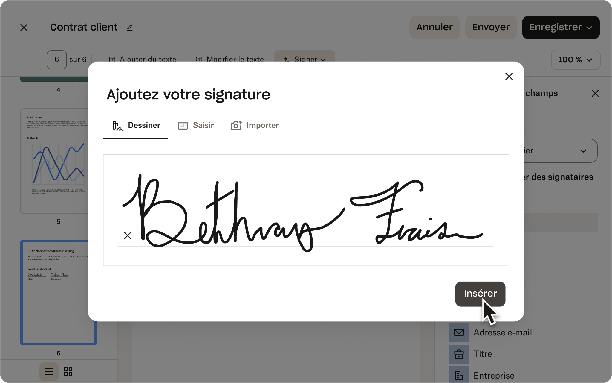 Une capture d’écran de l’interface utilisateur de Sign montrant une personne ajoutant une signature électronique à un contrat client.