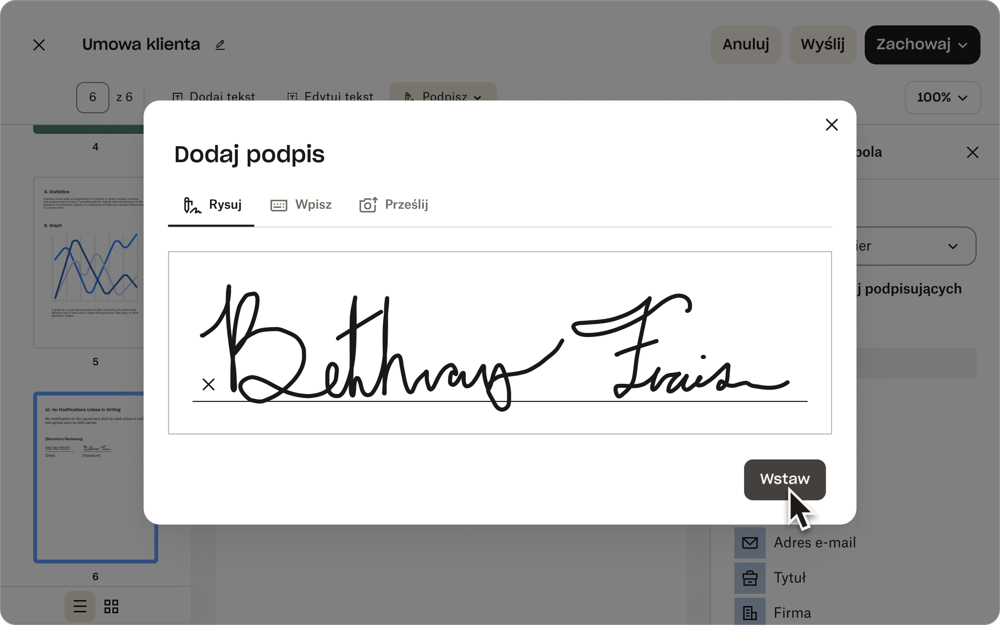Zrzut ekranu interfejsu użytkownika Sign przedstawiający osobę umieszczającą podpis elektroniczny w umowie z klientem.