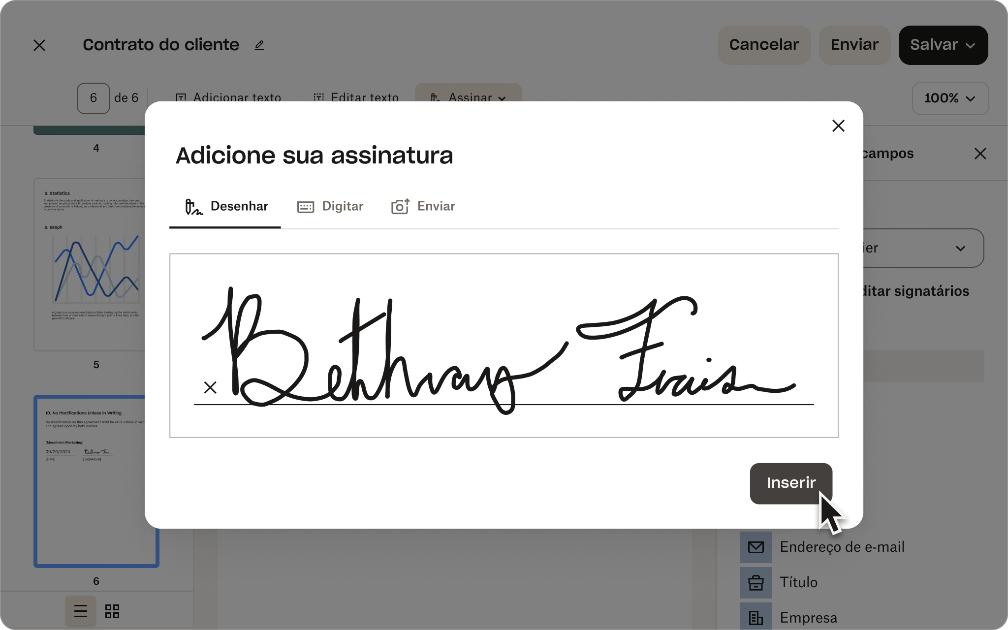 Captura de tela da interface do usuário do Sign mostrando uma pessoa adicionando uma assinatura eletrônica a um contrato de cliente.