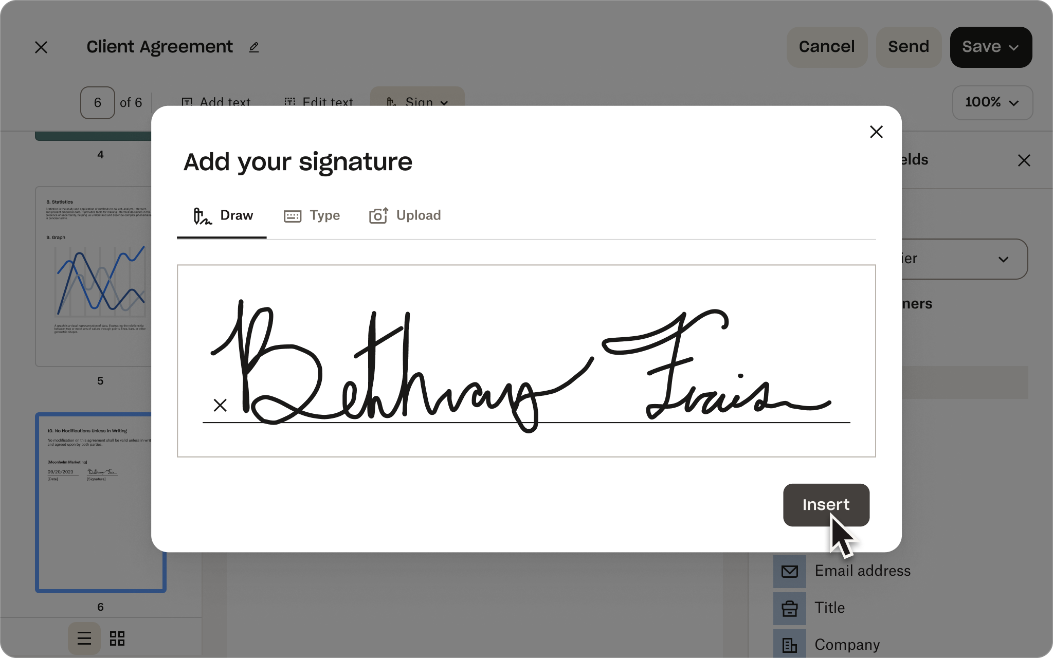 A screenshot of the user interface of Sign showing a person adding an eSignature to a client agreement.