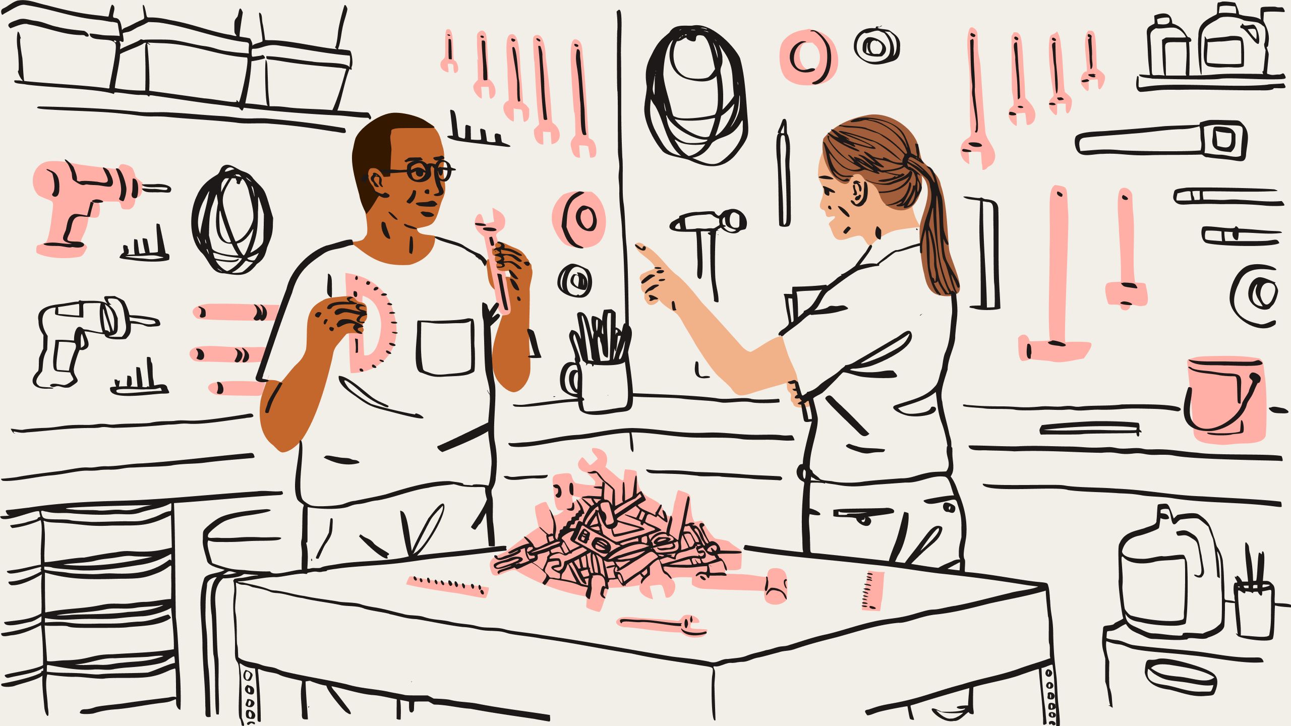 Ilustración de dos personas ordenando una pila de herramientas en la que hay, entre otras, llaves inglesas y reglas.