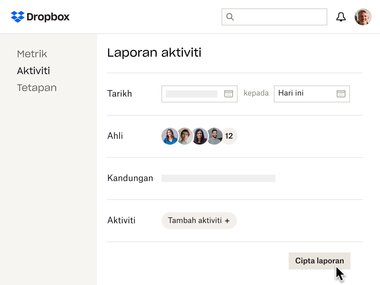 Paparan laporan aktiviti dalam Dropbox yang membolehkan pengguna melihat orang yang mengakses fail dalam tempoh masa tertentu