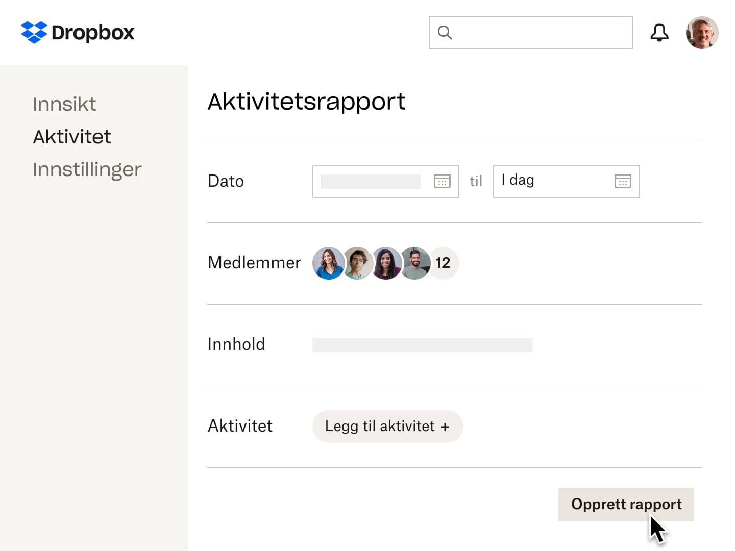 Aktivitetsrapportvisning i Dropbox som gjør det mulig for en bruker å se hvem som har hatt tilgang til en fil i en gitt periode