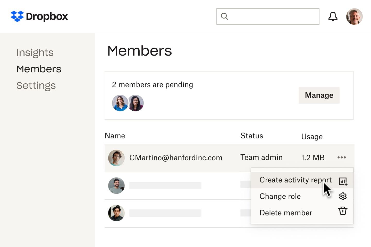 A dropdown menu in the Members list view that displays the options of creating an activity report, changing a member’s role, or deleting a member