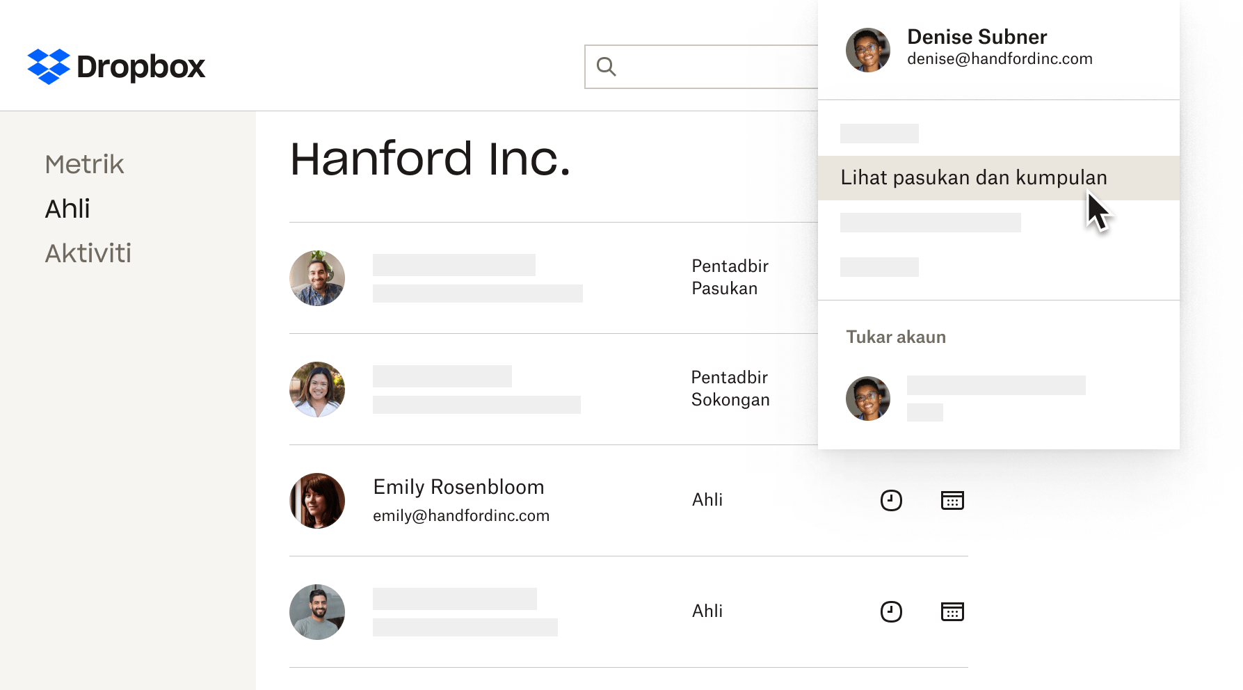 Tindanan menu yang memaparkan pilihan untuk menyemak dan mengemas kini pasukan dan kumpulan yang boleh diakses oleh pengguna dalam Dropbox