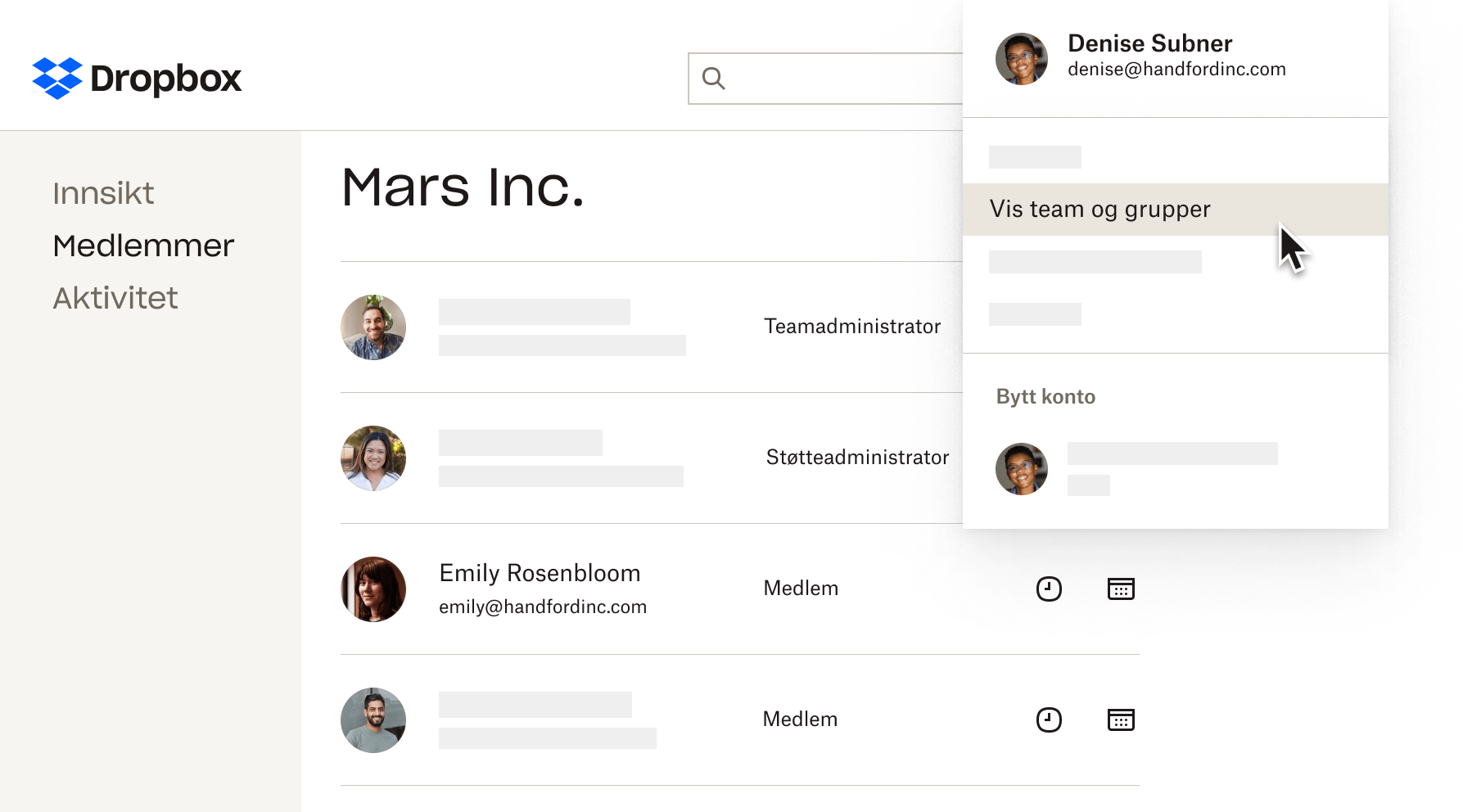 Et menyoverlegg som viser muligheten til å gjennomgå og oppdatere hvilke team og grupper en bruker har tilgang til i Dropbox