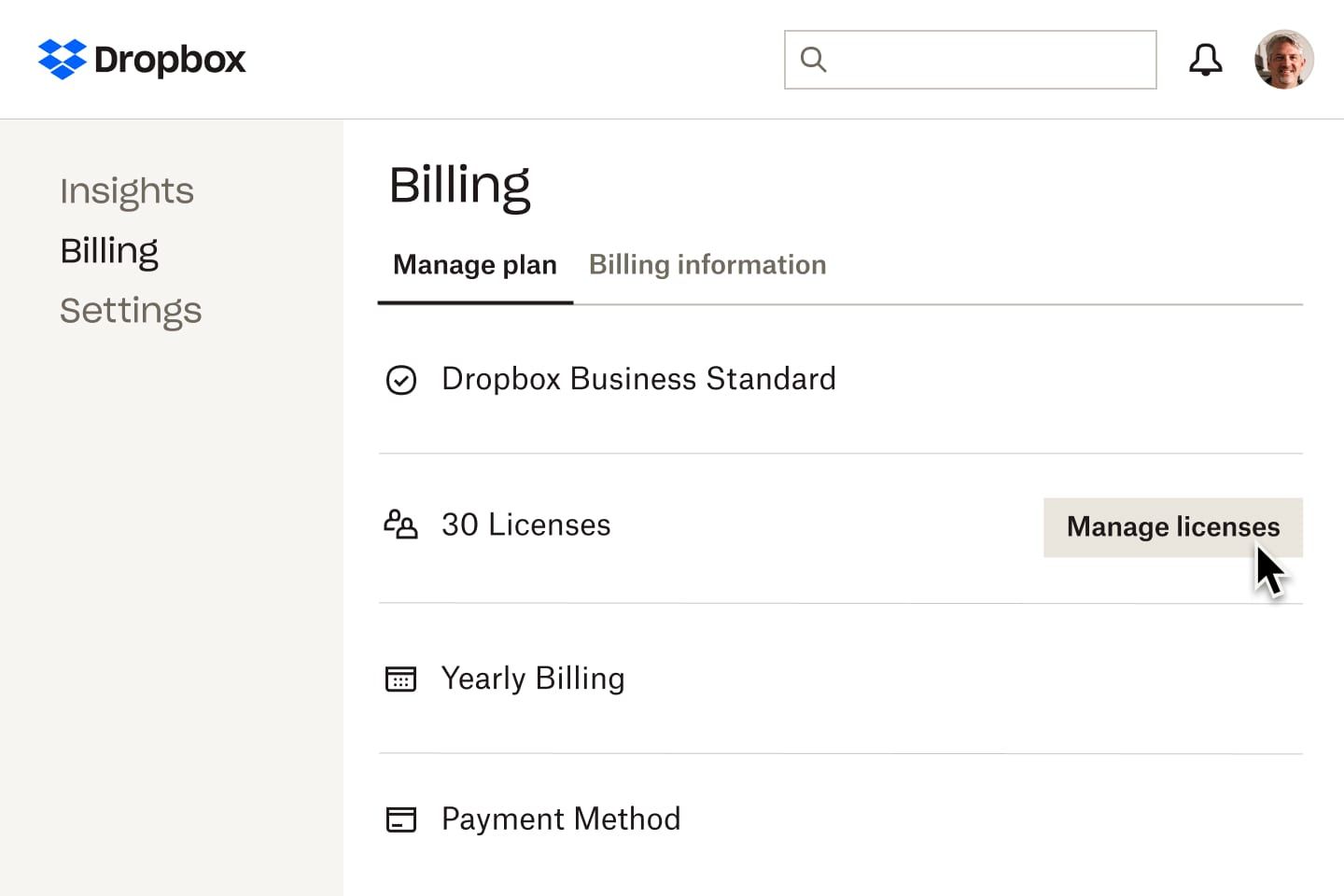 The Billing view in Dropbox that displays a user’s subscription type, how many licenses are associated with the account, the billing schedule, and the payment method