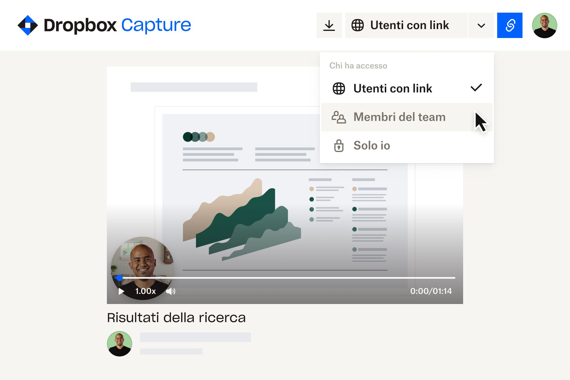  - Utente che seleziona l'opzione "Membri del team" nel menu a discesa "Chi può accedere" di un video Dropbox Capture