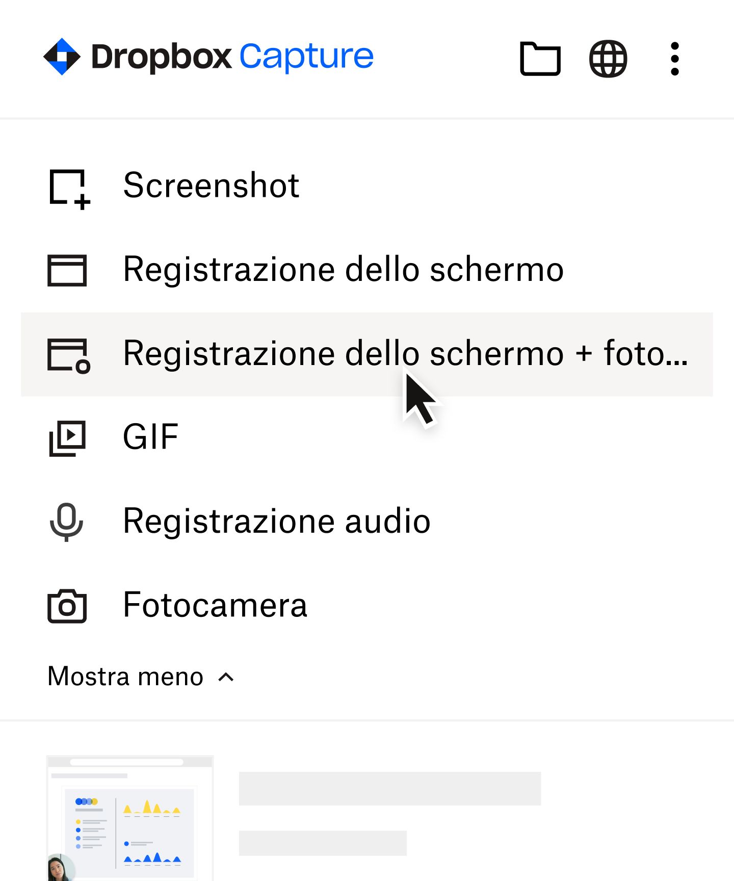 Utente che seleziona "registrazione schermo + videocamera" nel menu di Capture