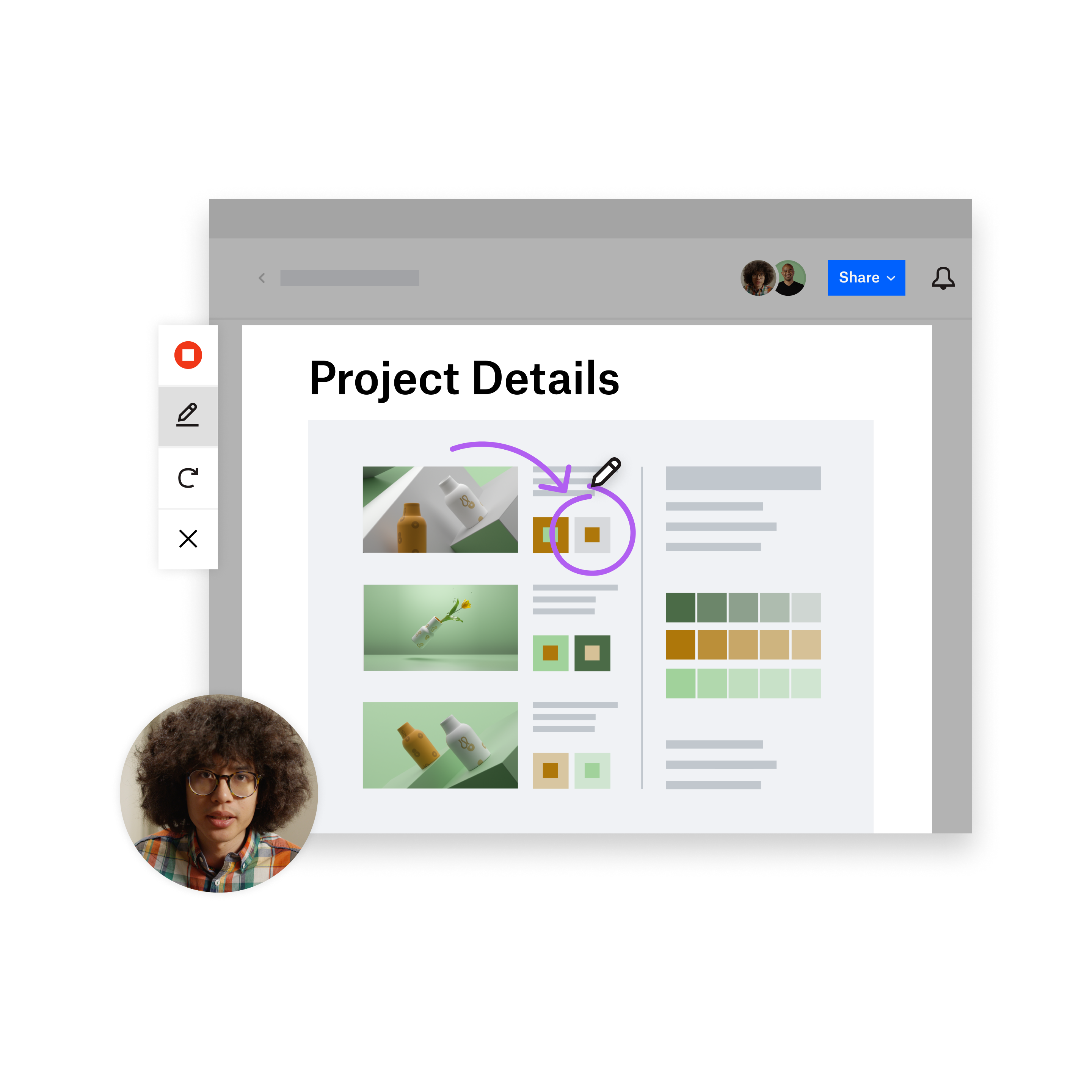 A screenshot of a project detail document, with a circle drawn over part of the image, a thumbnail of presenter in corner, and the Dropbox Capture toolbar