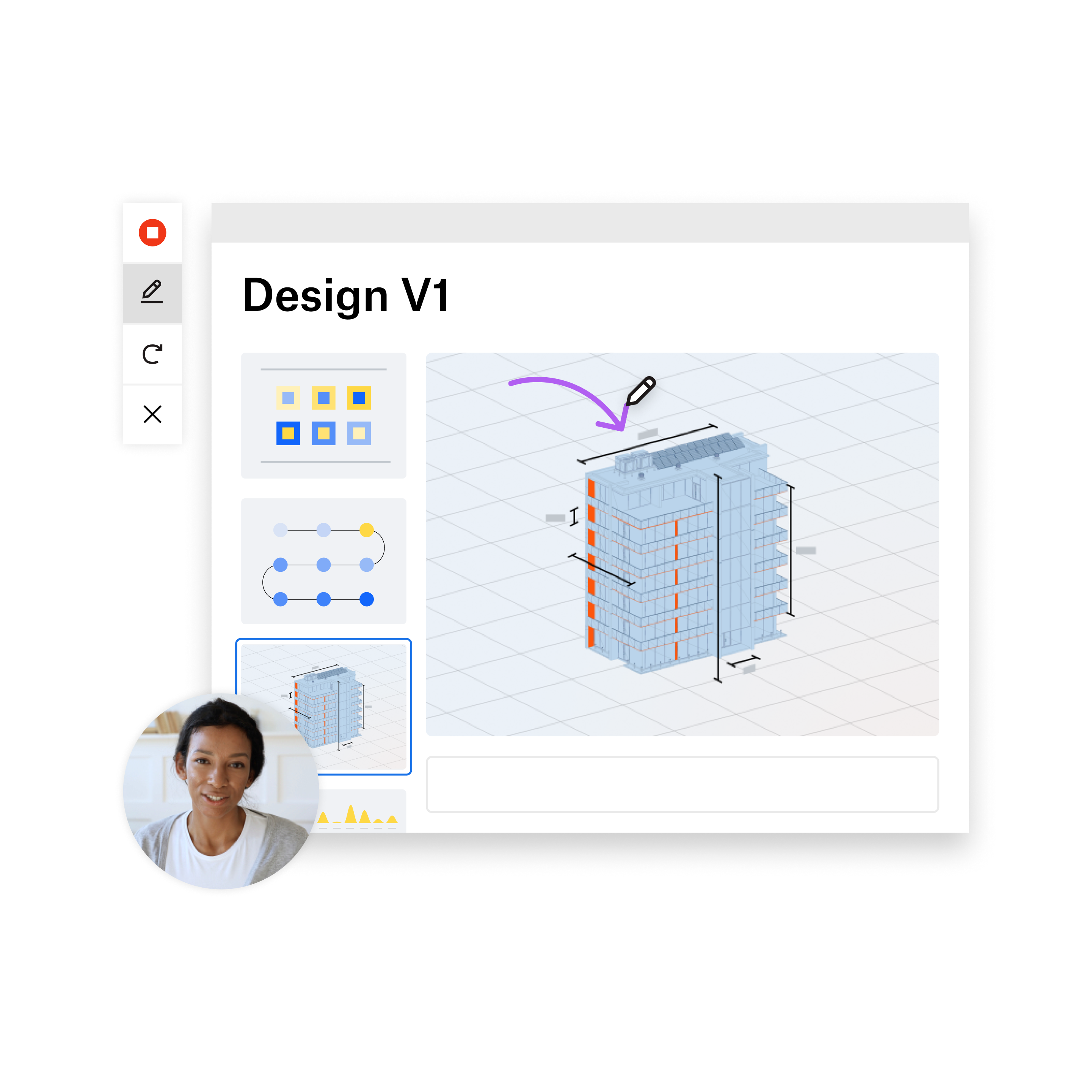 A screenshot of a building design, with a thumbnail of a presenter in the corner and the Dropbox Capture toolbar