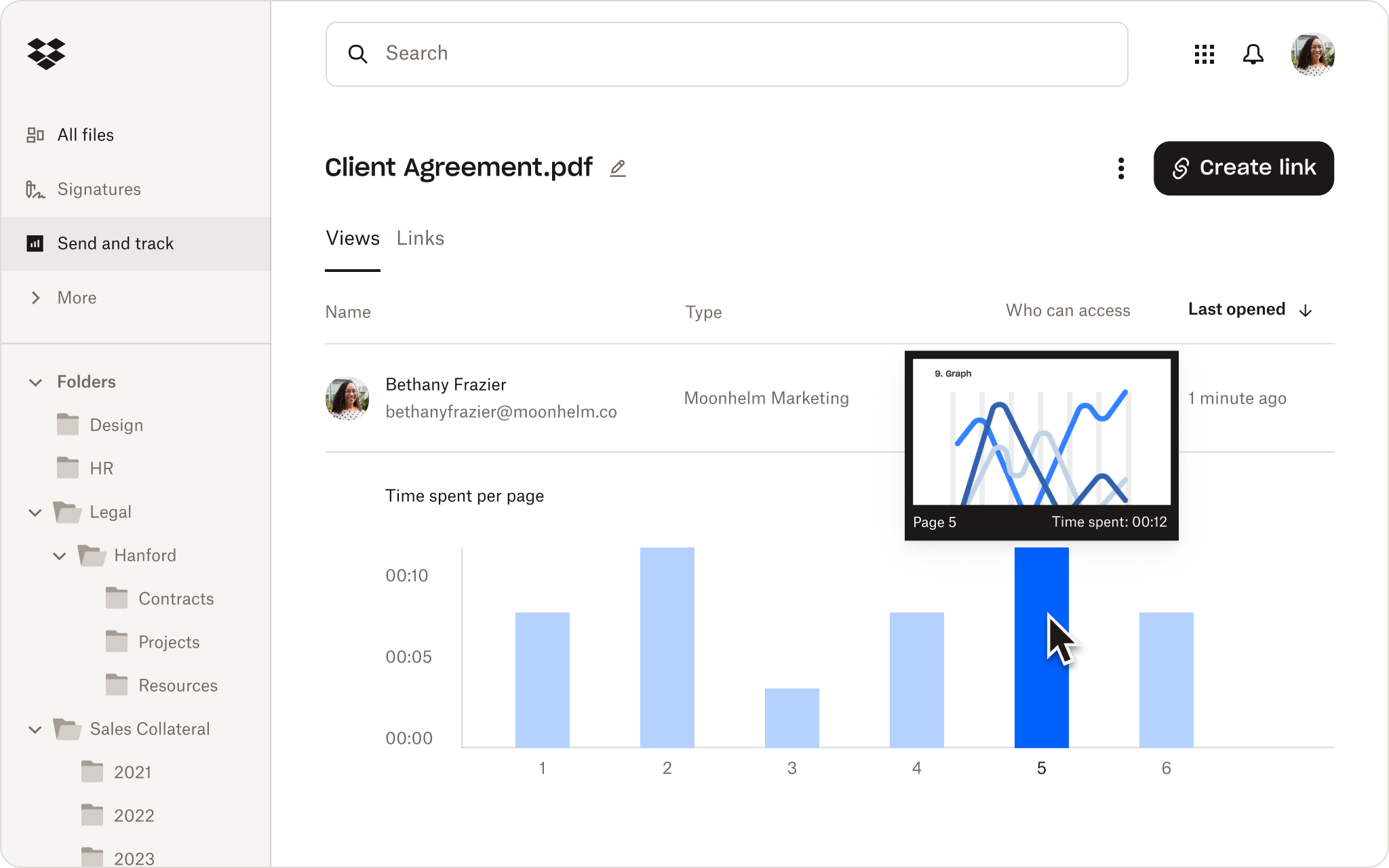 The Dropbox send and track feature showing the views for a PDF called “Film Proposal”.