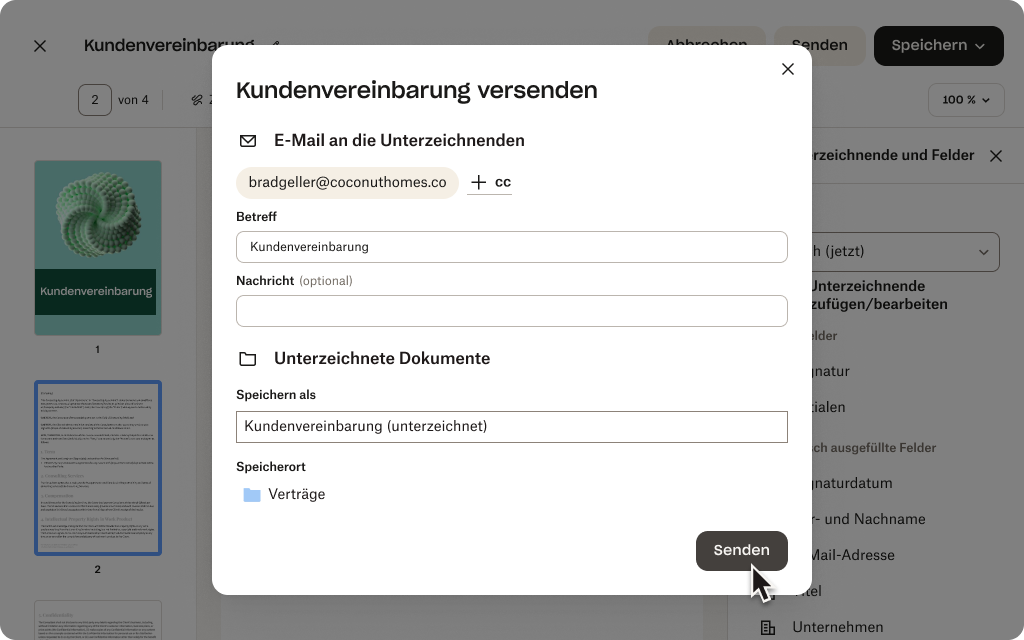 Eine Signaturanfrage wird für eine PDF-Datei namens „Client Agreement“ vorbereitet.