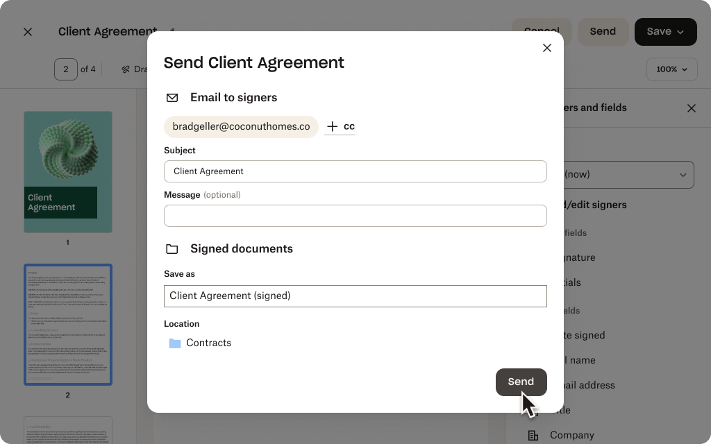 A signature request being prepared for a PDF called “Client Agreement”.