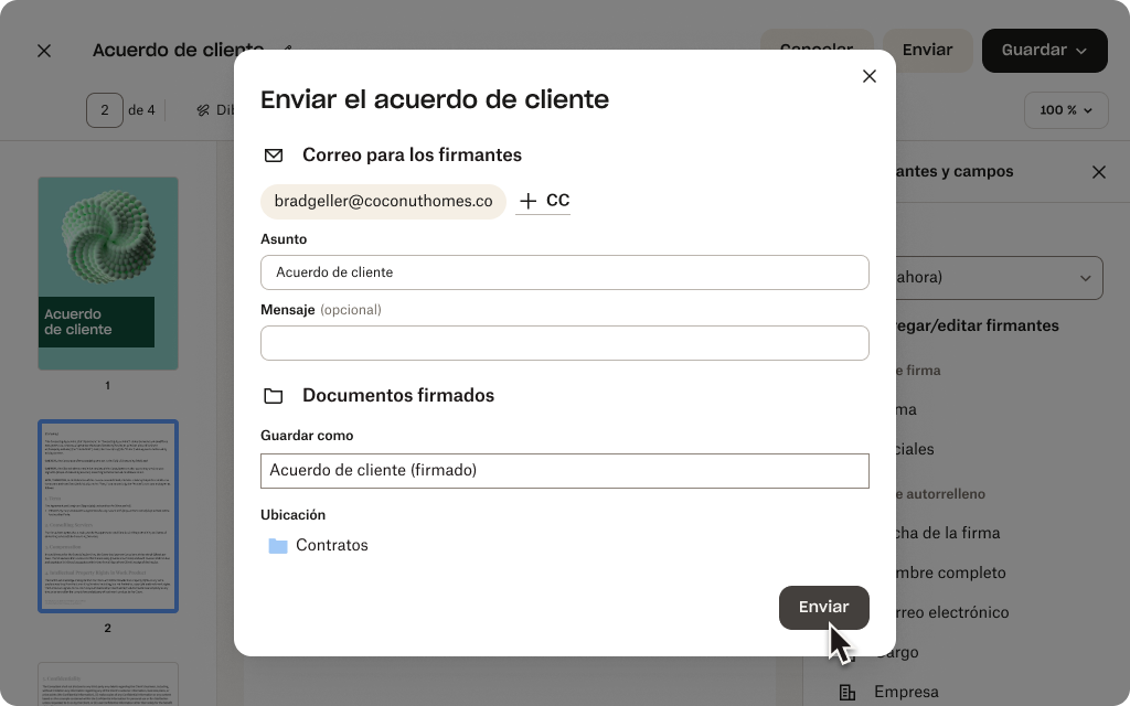 Se prepara una solicitud de firma para un PDF llamado “Acuerdo del cliente”.