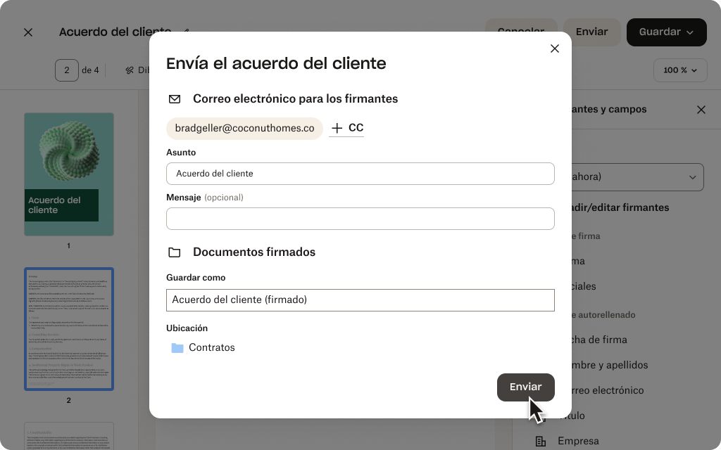 Se está preparando una solicitud de firma para un PDF llamado “Client Agreement”.