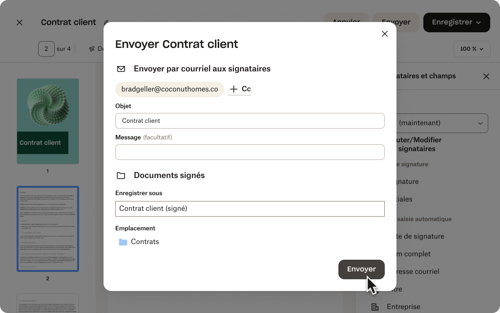 Une demande de signature en cours de préparation pour un PDF intitulé « Accord de client ».