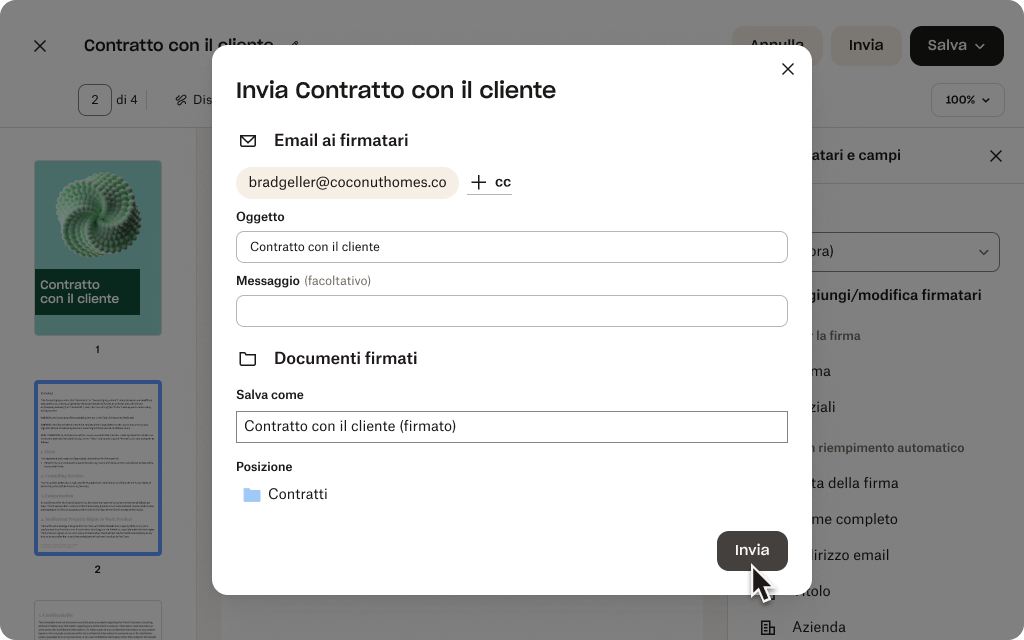 Una richiesta di firma viene preparata per un PDF denominato “Accordo con il cliente”.