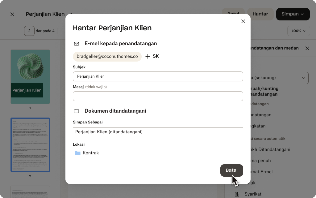 Permintaan tandatangan sedang disediakan untuk PDF yang dipanggil "Perjanjian Klien".