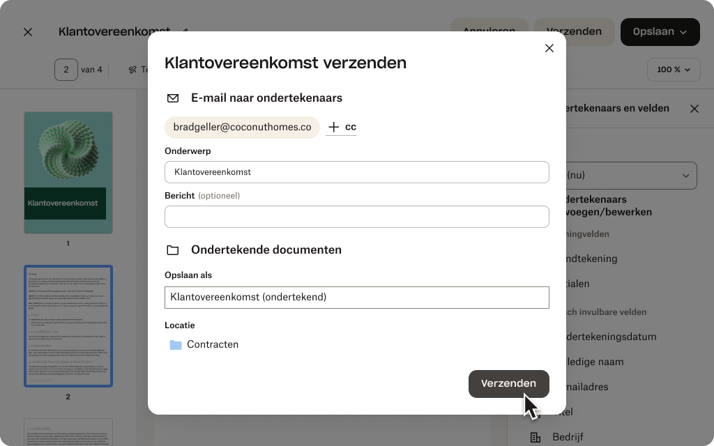 Een handtekeningaanvraag wordt voorbereid voor een pdf met de naam 'Klantenovereenkomst'.