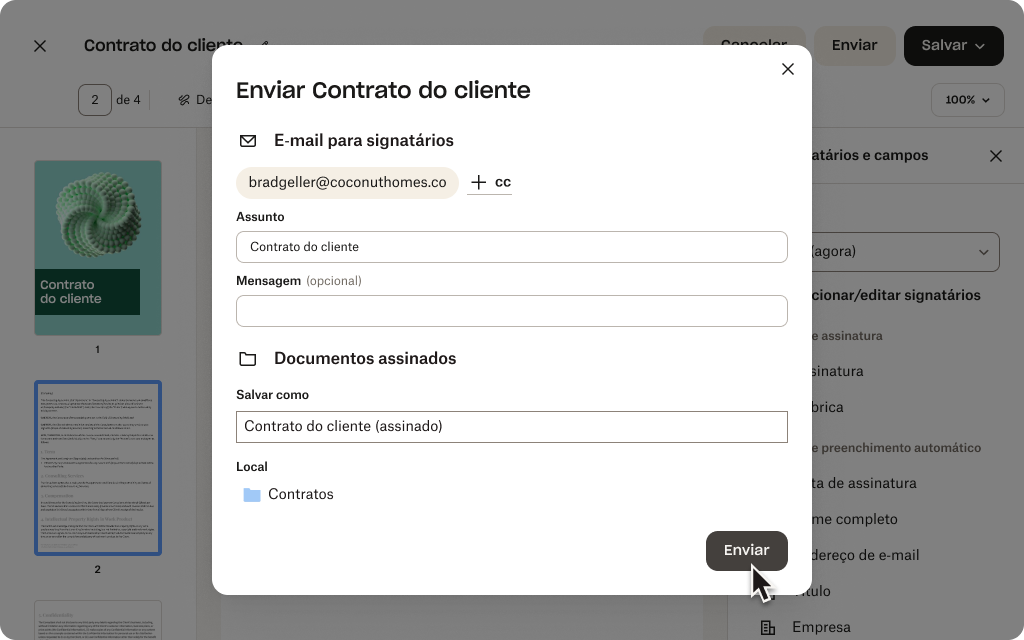 Uma solicitação de assinatura sendo preparada para um PDF chamado “Contrato do cliente”.